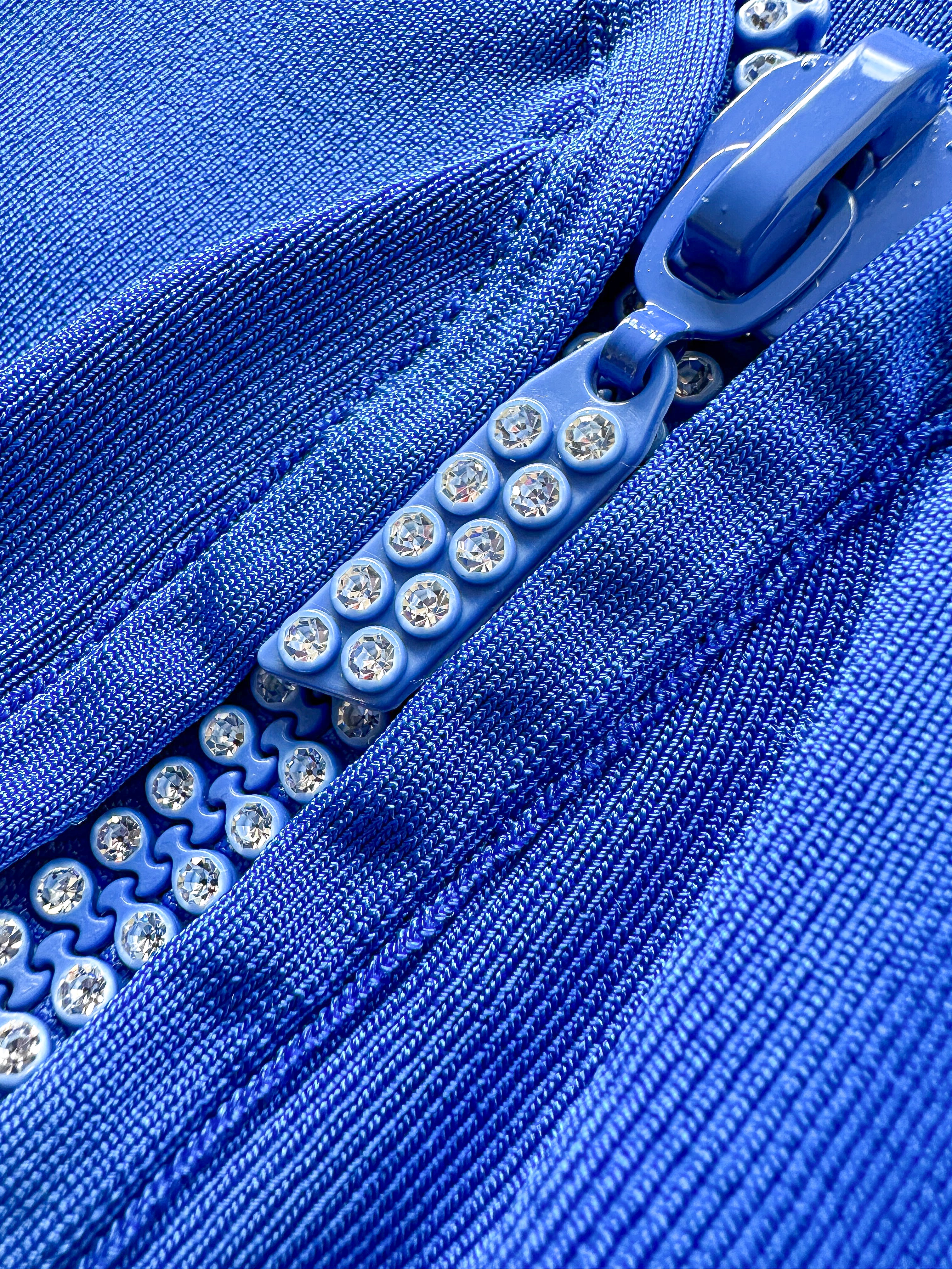 DAVID KOMA Blue Crystal Embellished Zipper Front Long Sleeve Mini Dress - House Of Huntington