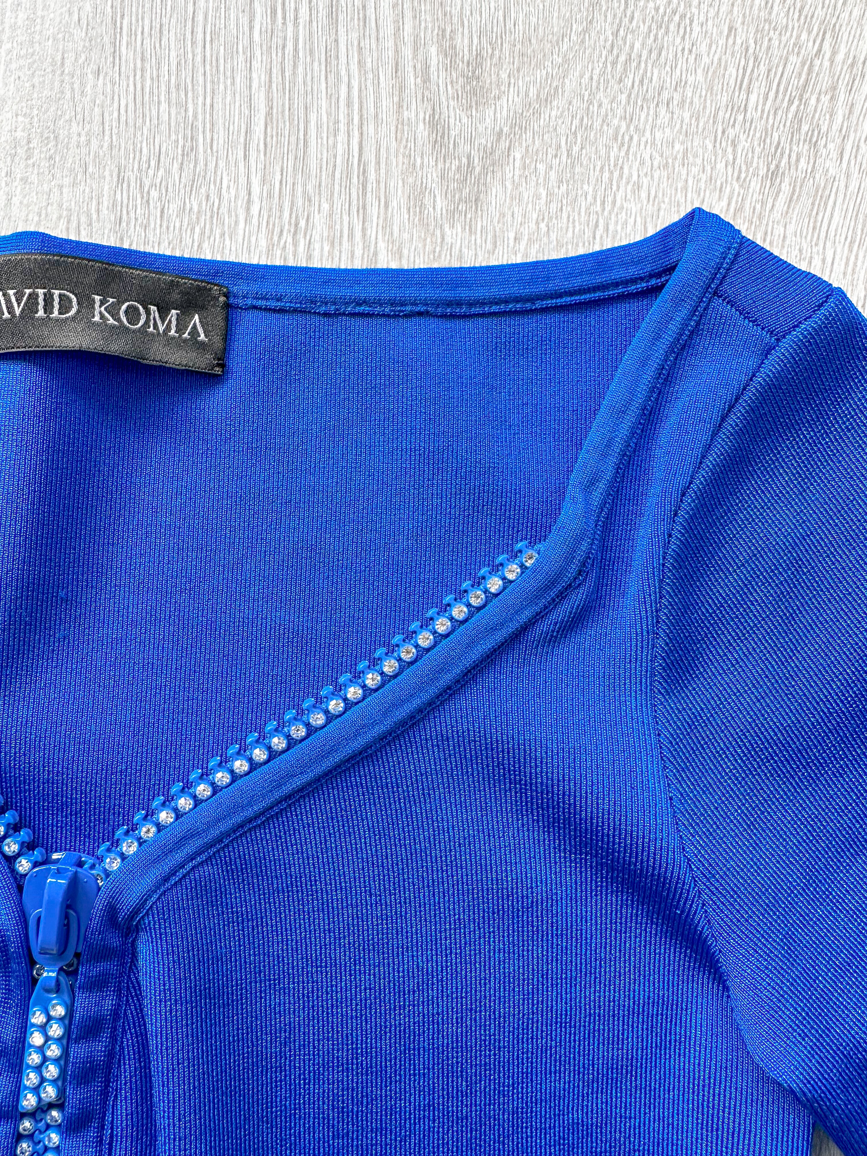 DAVID KOMA Blue Crystal Embellished Zipper Front Long Sleeve Mini Dress - House Of Huntington