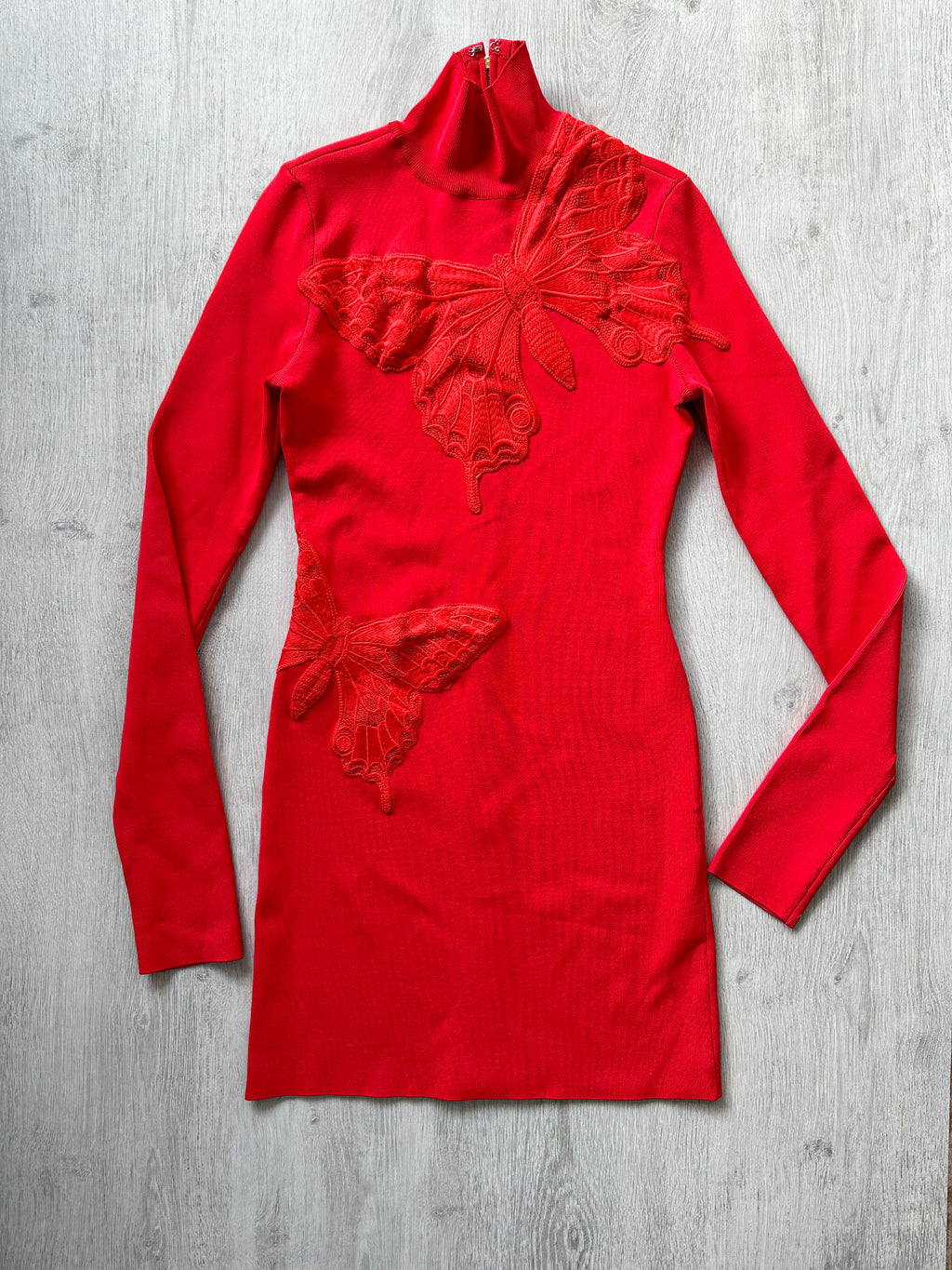 DAVID KOMA Red Butterfly Embroidery Long Sleeve High Neck Mini Dress - House Of Huntington