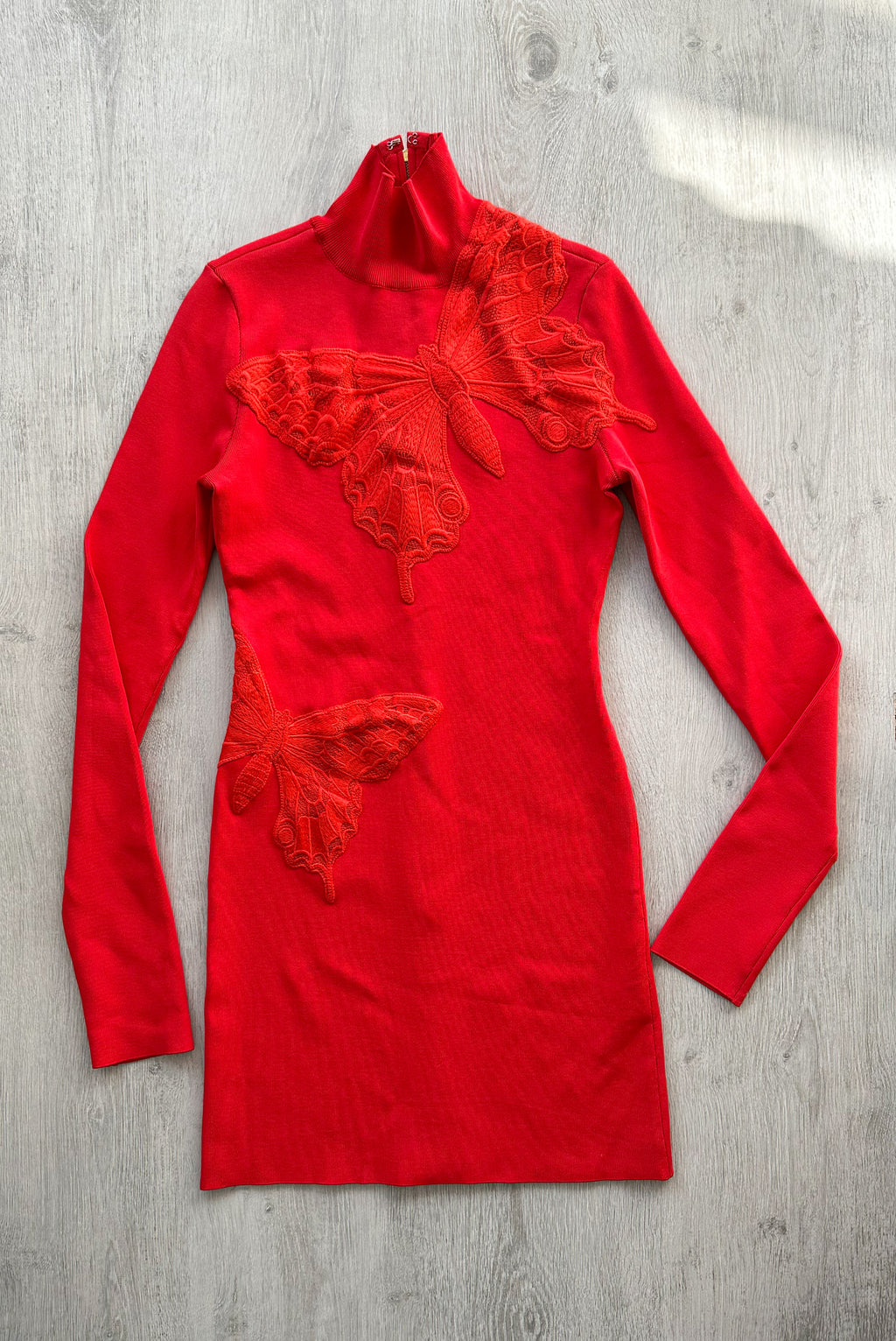DAVID KOMA Red Butterfly Embroidery Long Sleeve High Neck Mini Dress - House Of Huntington