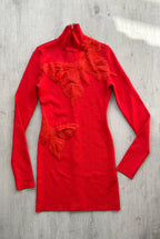 DAVID KOMA Red Butterfly Embroidery Long Sleeve High Neck Mini Dress - House Of Huntington