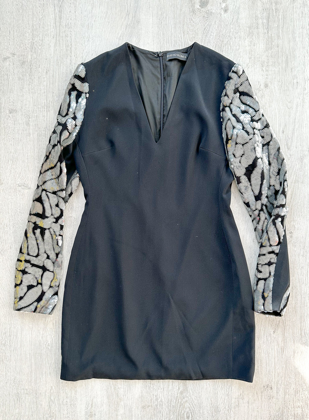 DAVID KOMA Black V-Neck Long Sequinned Sleeved Mini Dress - House Of Huntington