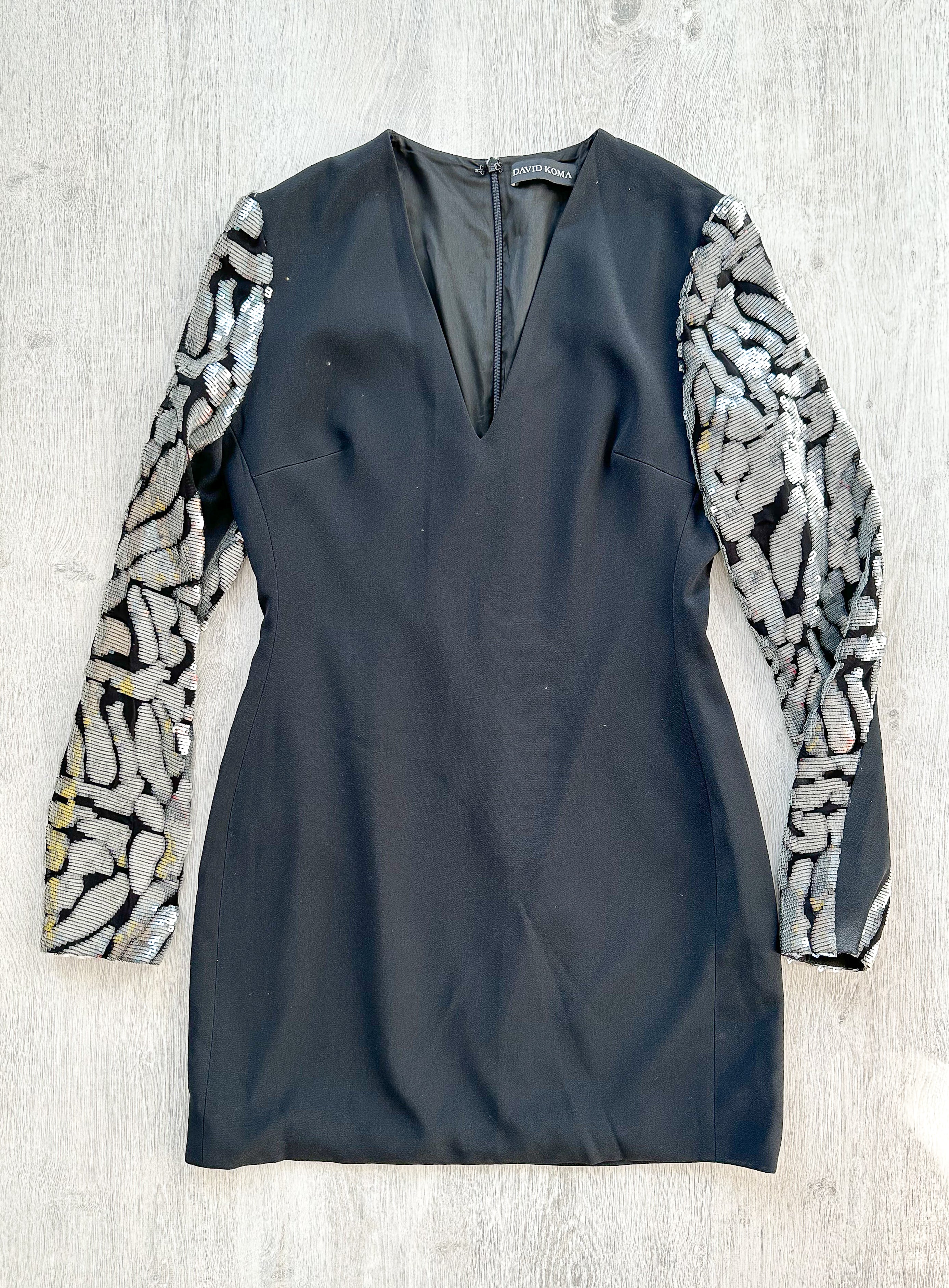 DAVID KOMA Black V-Neck Long Sequinned Sleeved Mini Dress - House Of Huntington