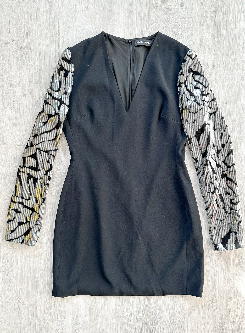 DAVID KOMA Black V-Neck Long Sequinned Sleeved Mini Dress - House Of Huntington