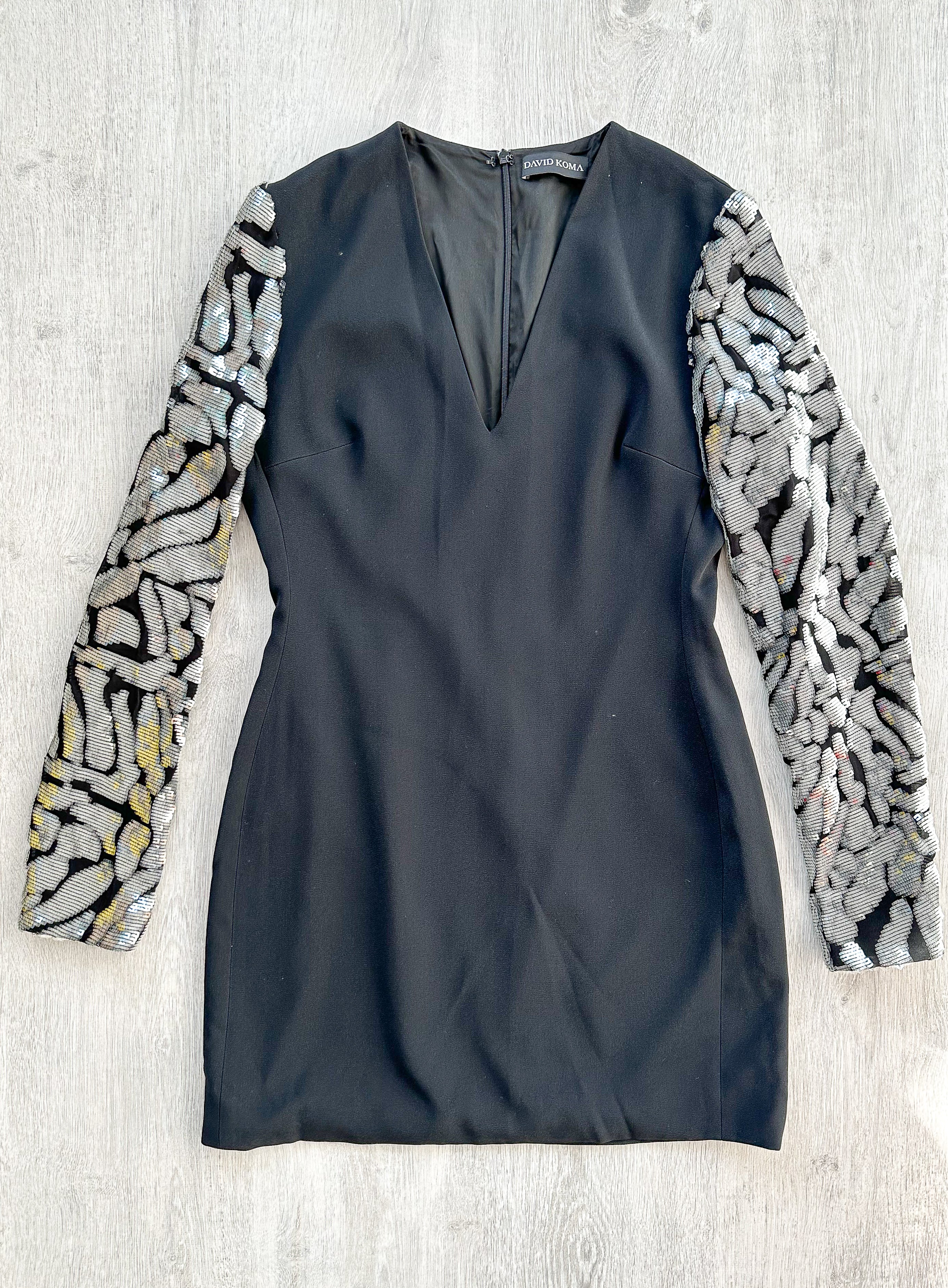 DAVID KOMA Black V-Neck Long Sequinned Sleeved Mini Dress - House Of Huntington