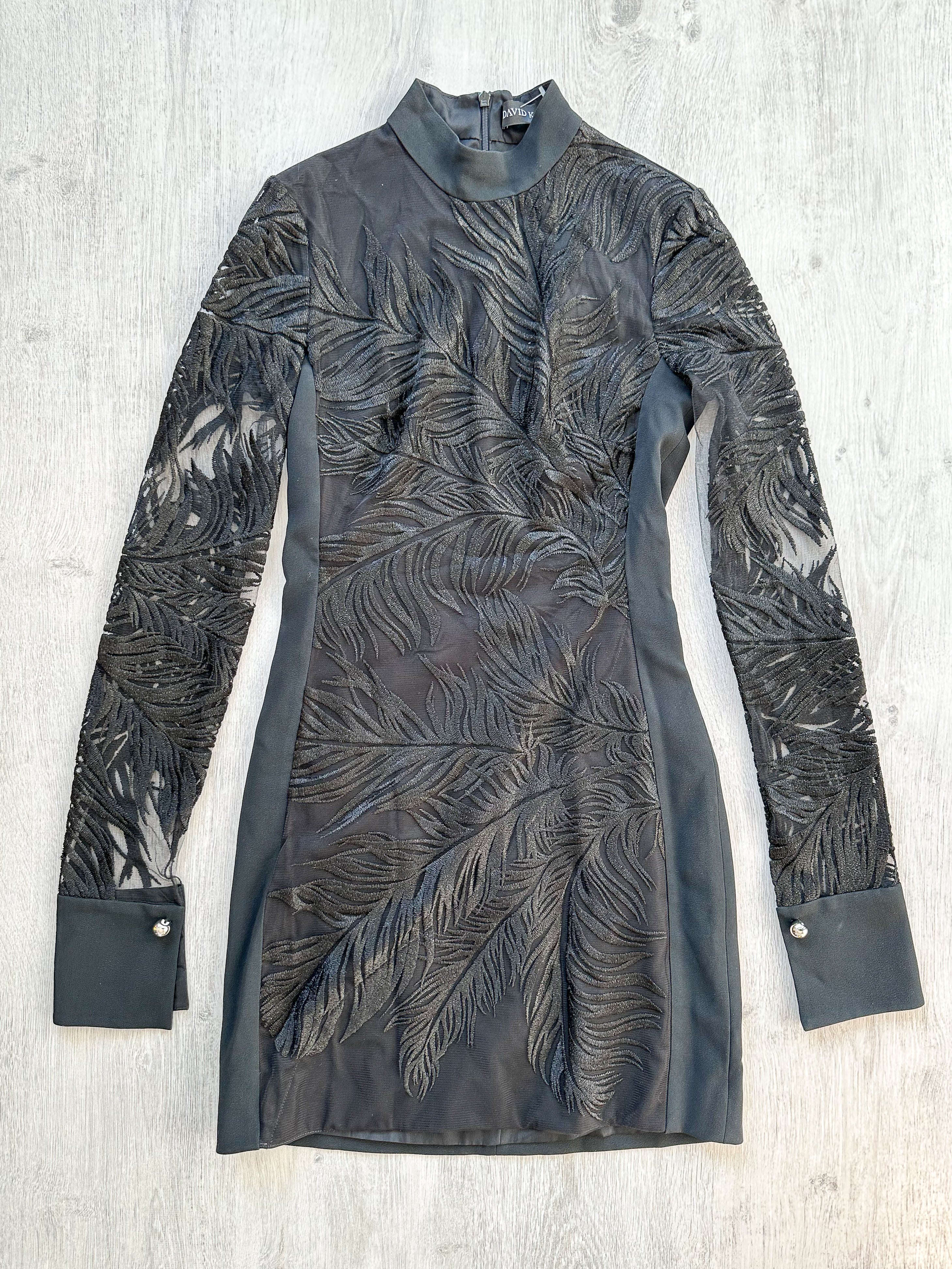 DAVID KOMA Black Animal Print Lace Long Sleeve Mini Black Dress - House Of Huntington