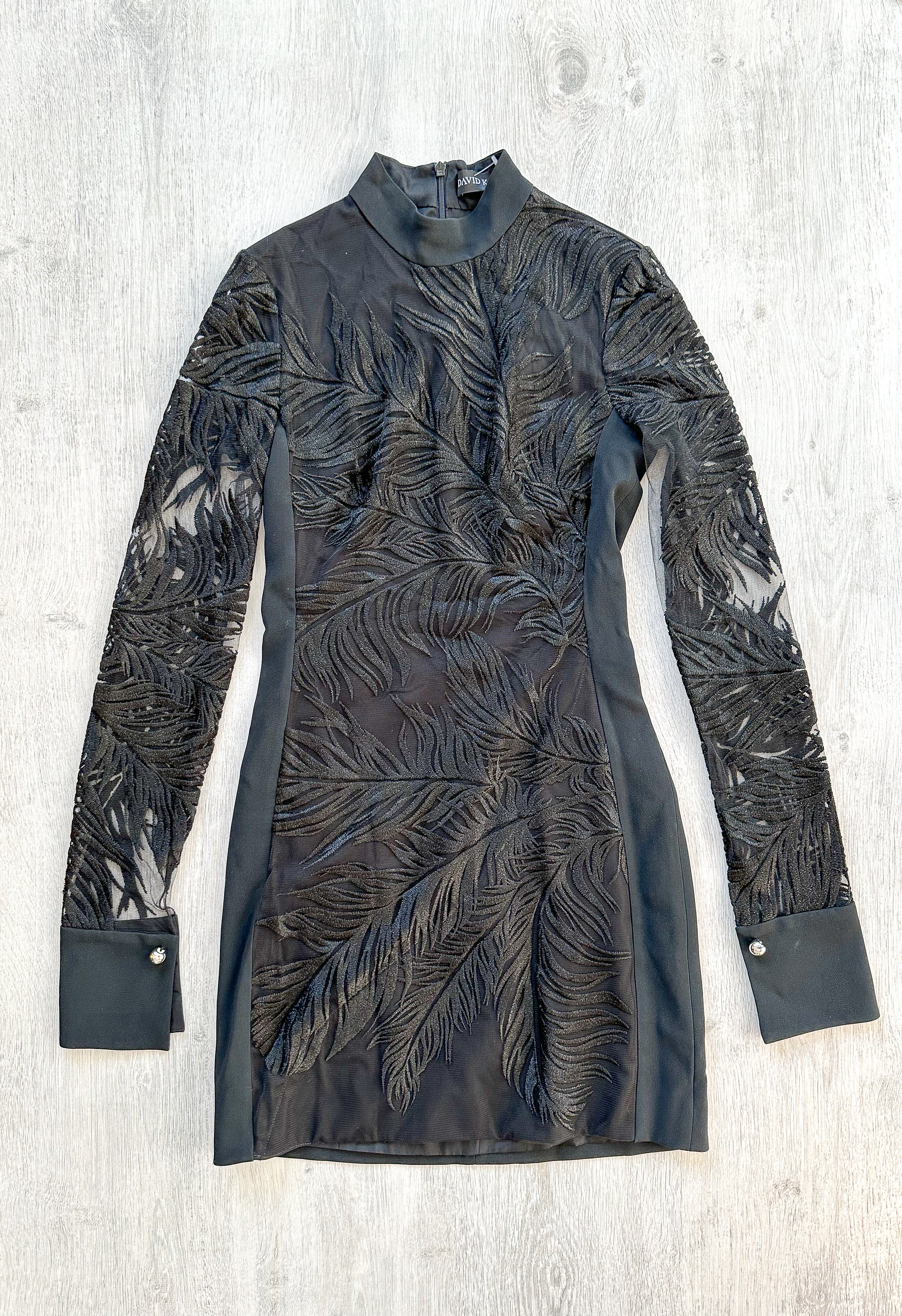 DAVID KOMA Black Animal Print Lace Long Sleeve Mini Black Dress - House Of Huntington