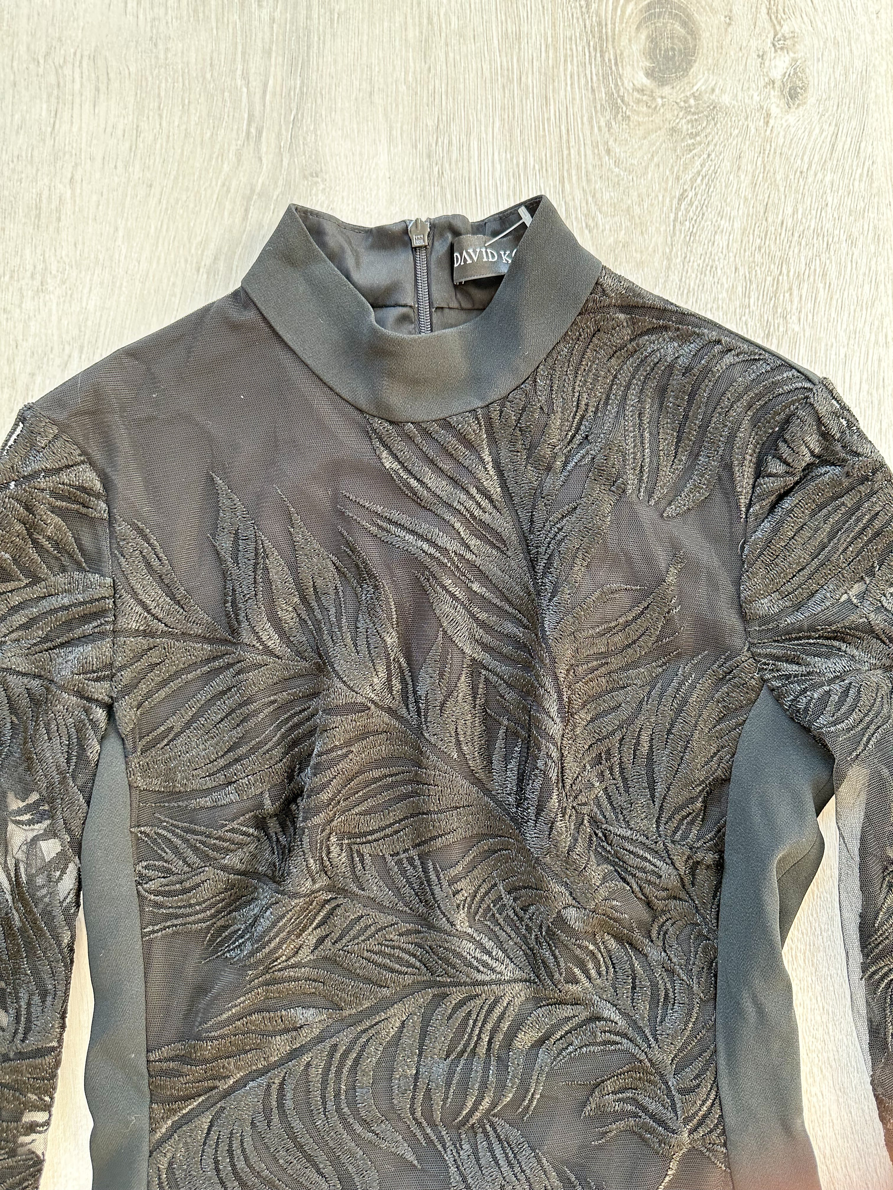 DAVID KOMA Black Animal Print Lace Long Sleeve Mini Black Dress - House Of Huntington