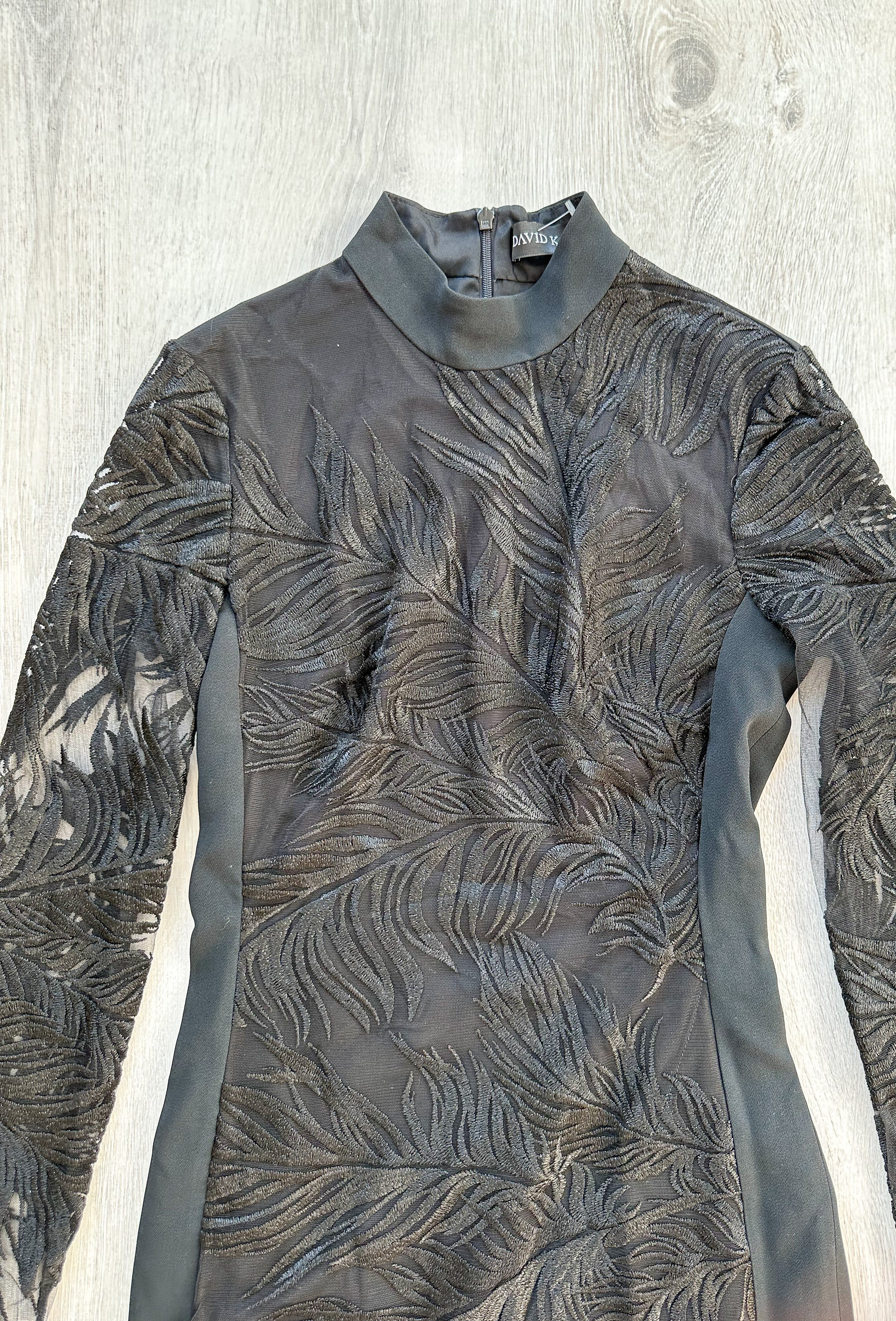 DAVID KOMA Black Animal Print Lace Long Sleeve Mini Black Dress - House Of Huntington