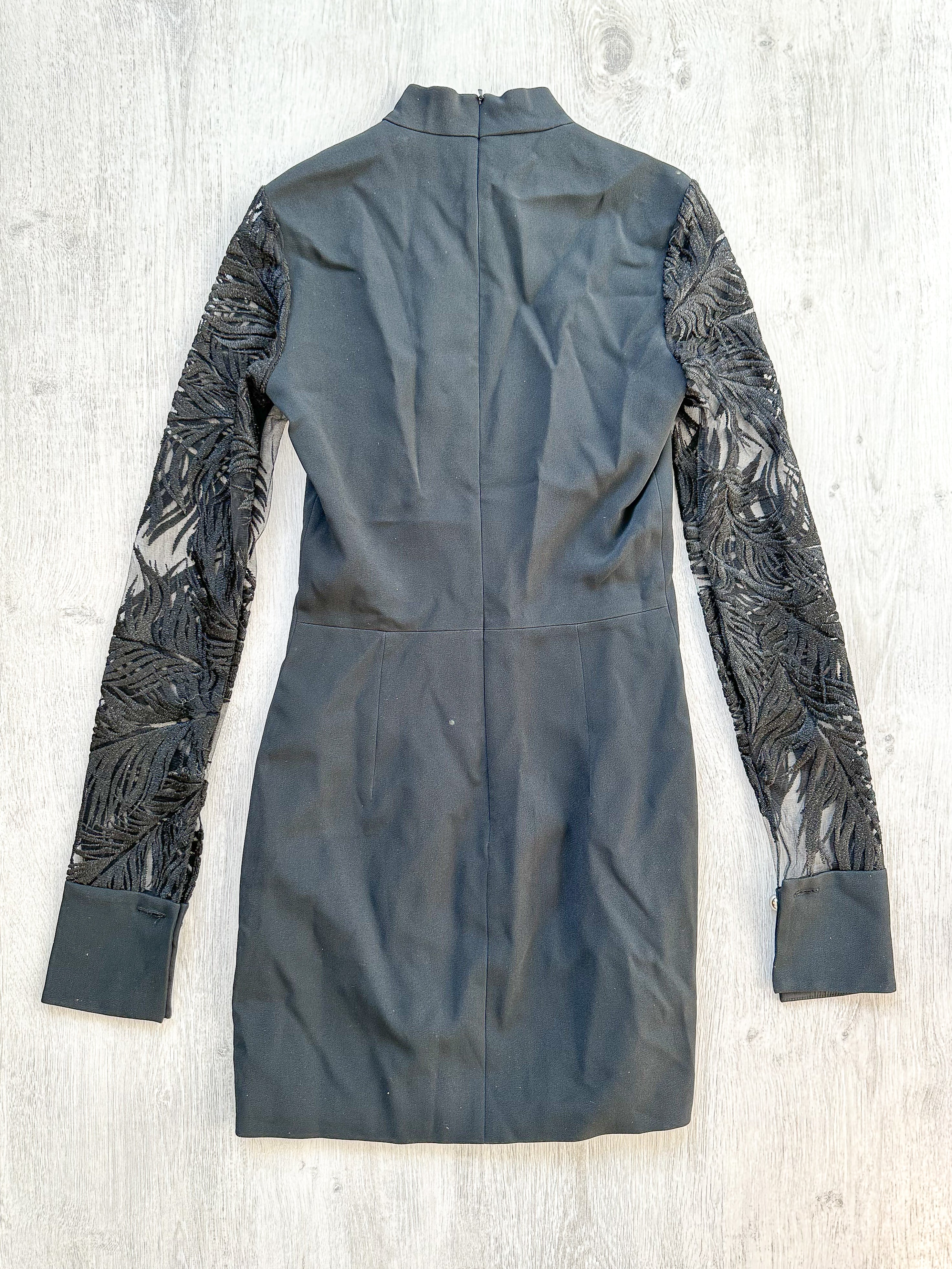 DAVID KOMA Black Animal Print Lace Long Sleeve Mini Black Dress - House Of Huntington