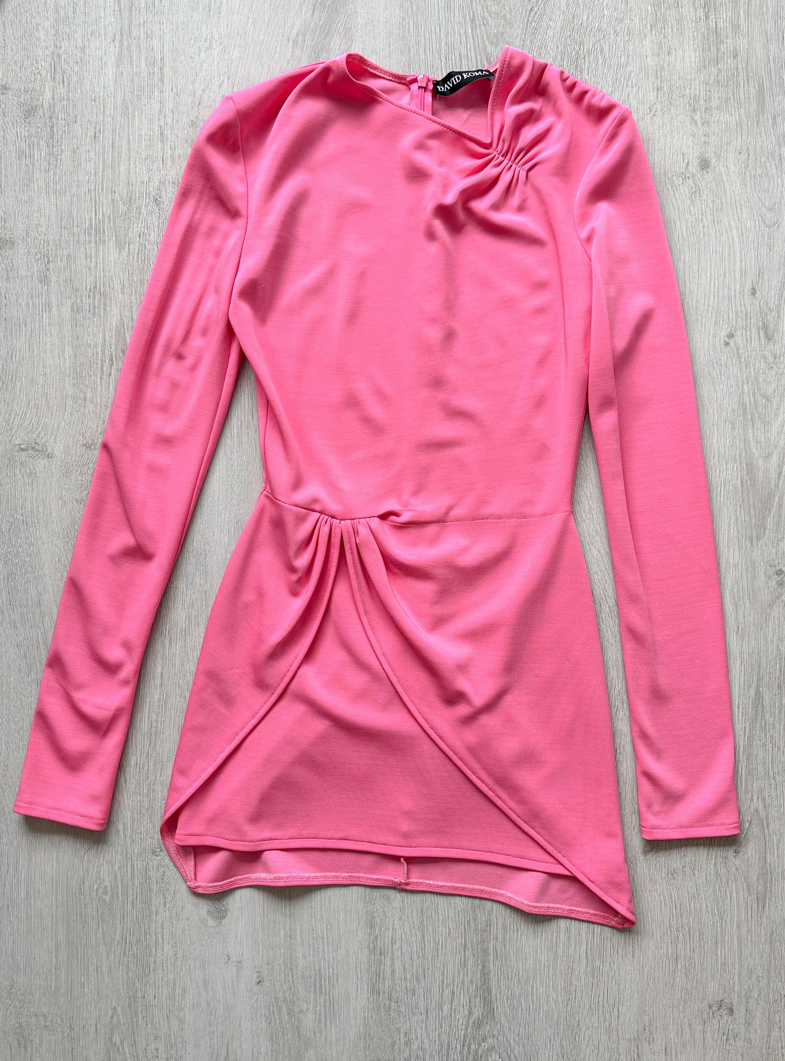 DAVID KOMA Pink Long Sleeve Wrap Detail Ruched Mini Dress - House Of Huntington