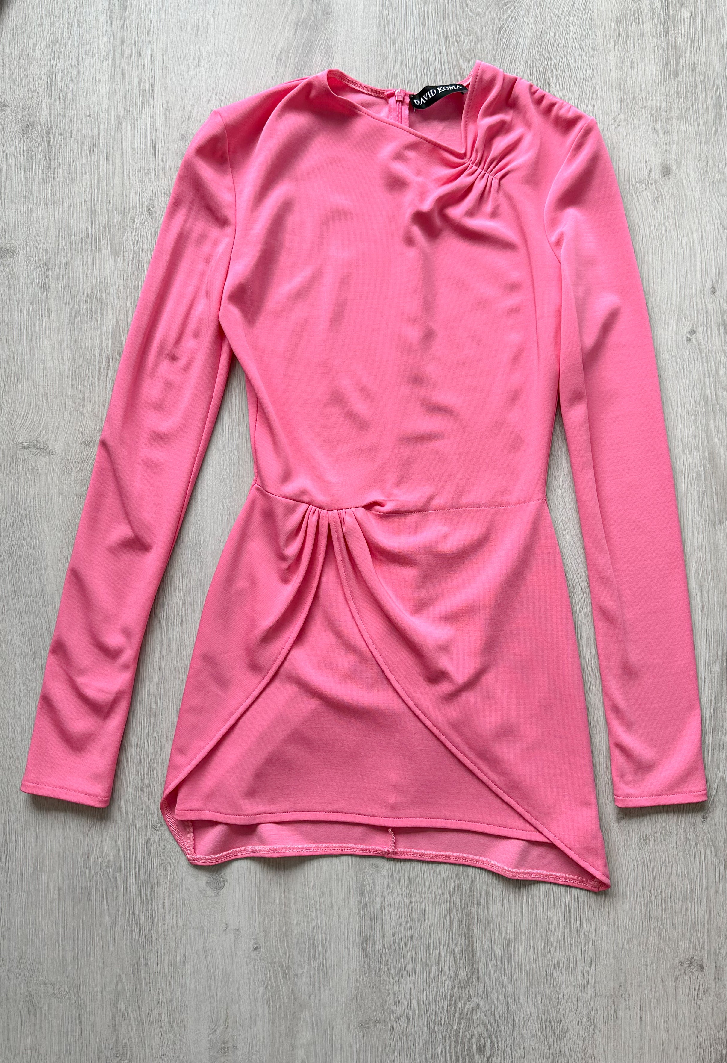 DAVID KOMA Pink Long Sleeve Wrap Detail Ruched Mini Dress - House Of Huntington