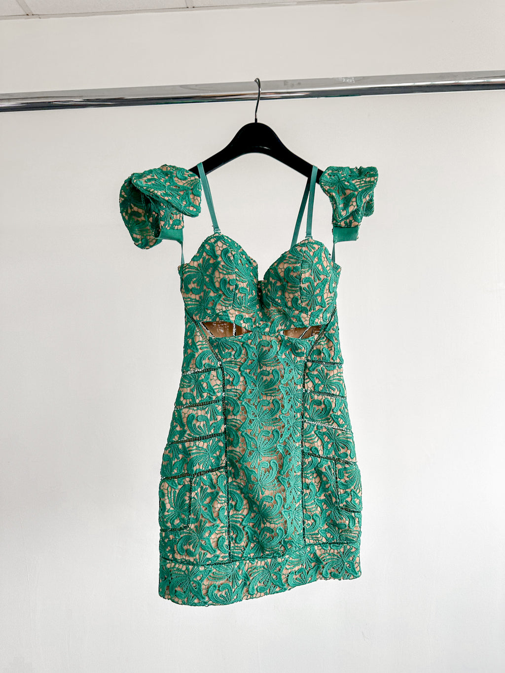 SELF-PORTRAIT Butterfly Guipure Lace Green Mini Cut Out Dress - House Of Huntington