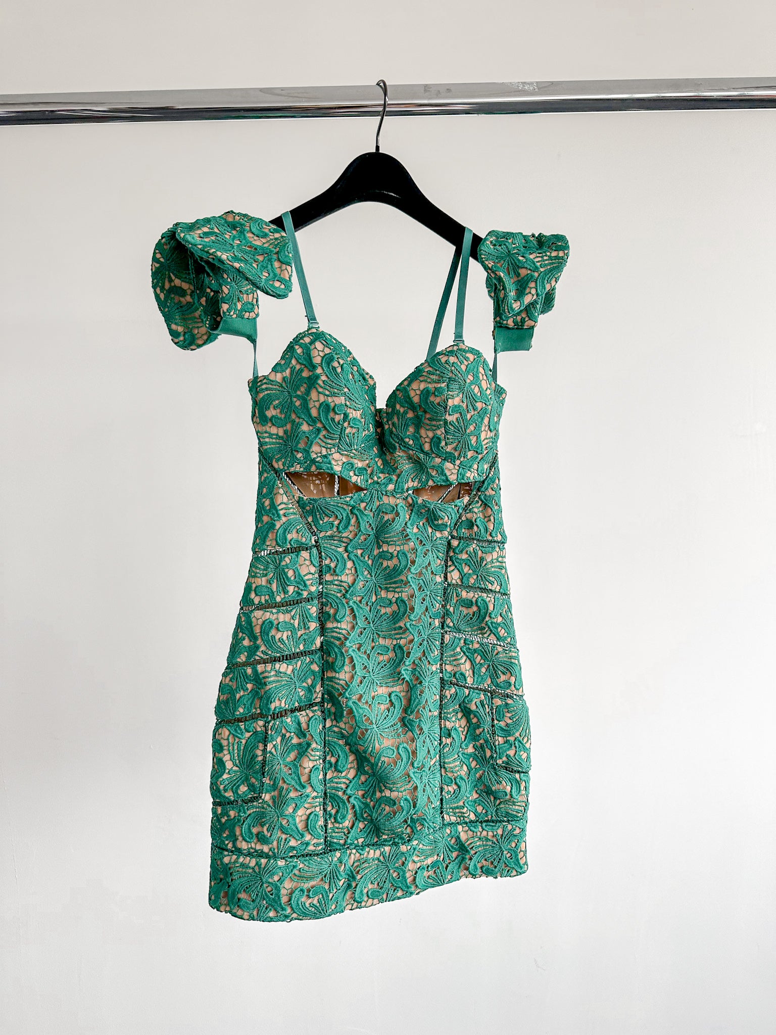 SELF-PORTRAIT Butterfly Guipure Lace Green Mini Cut Out Dress - House Of Huntington