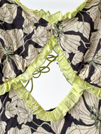 De La Vali Floral Chiffon Ruffle Cut-Out Olive Green Art Deco Mini Dress