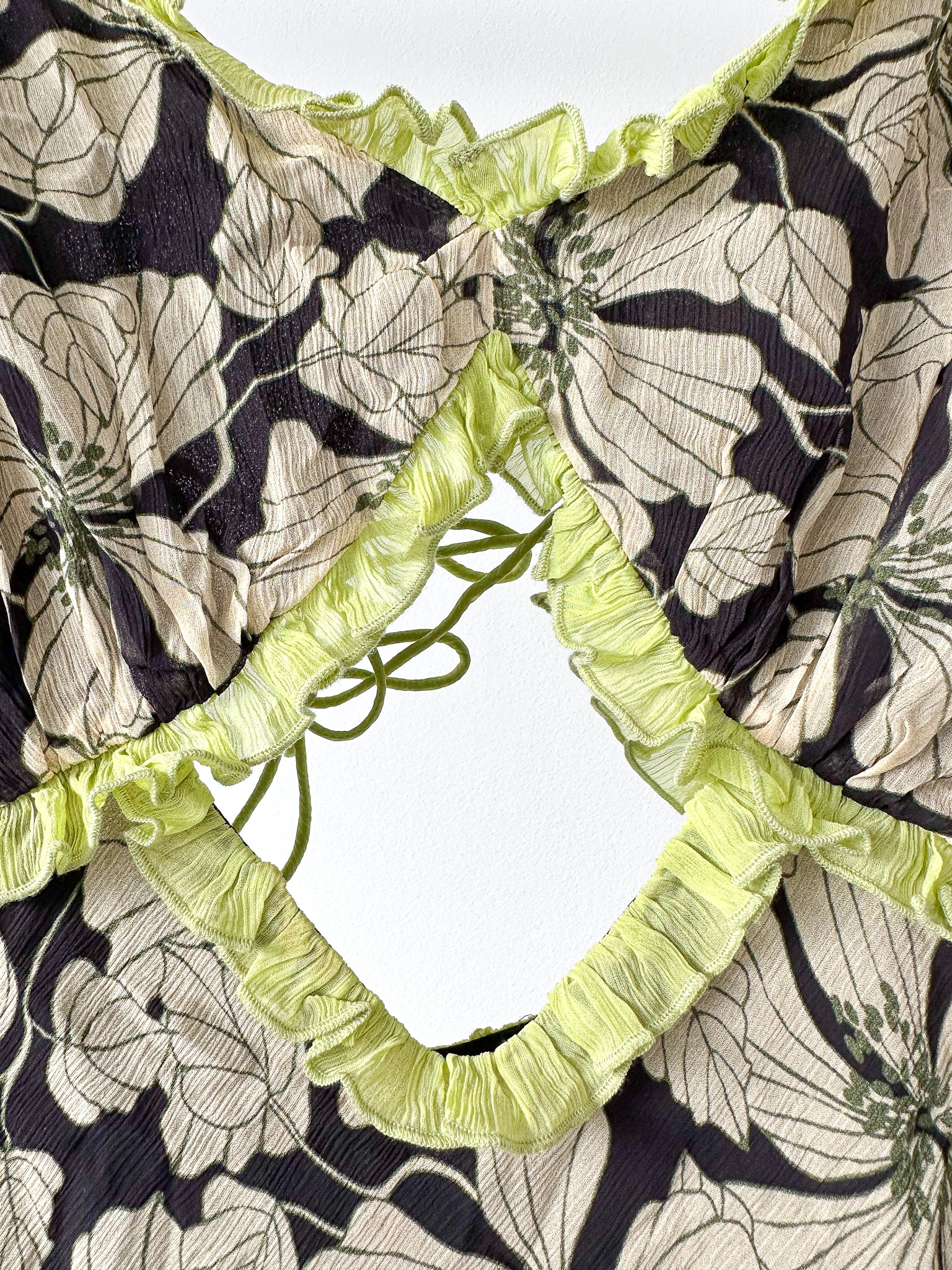 De La Vali Floral Chiffon Ruffle Cut-Out Olive Green Art Deco Mini Dress