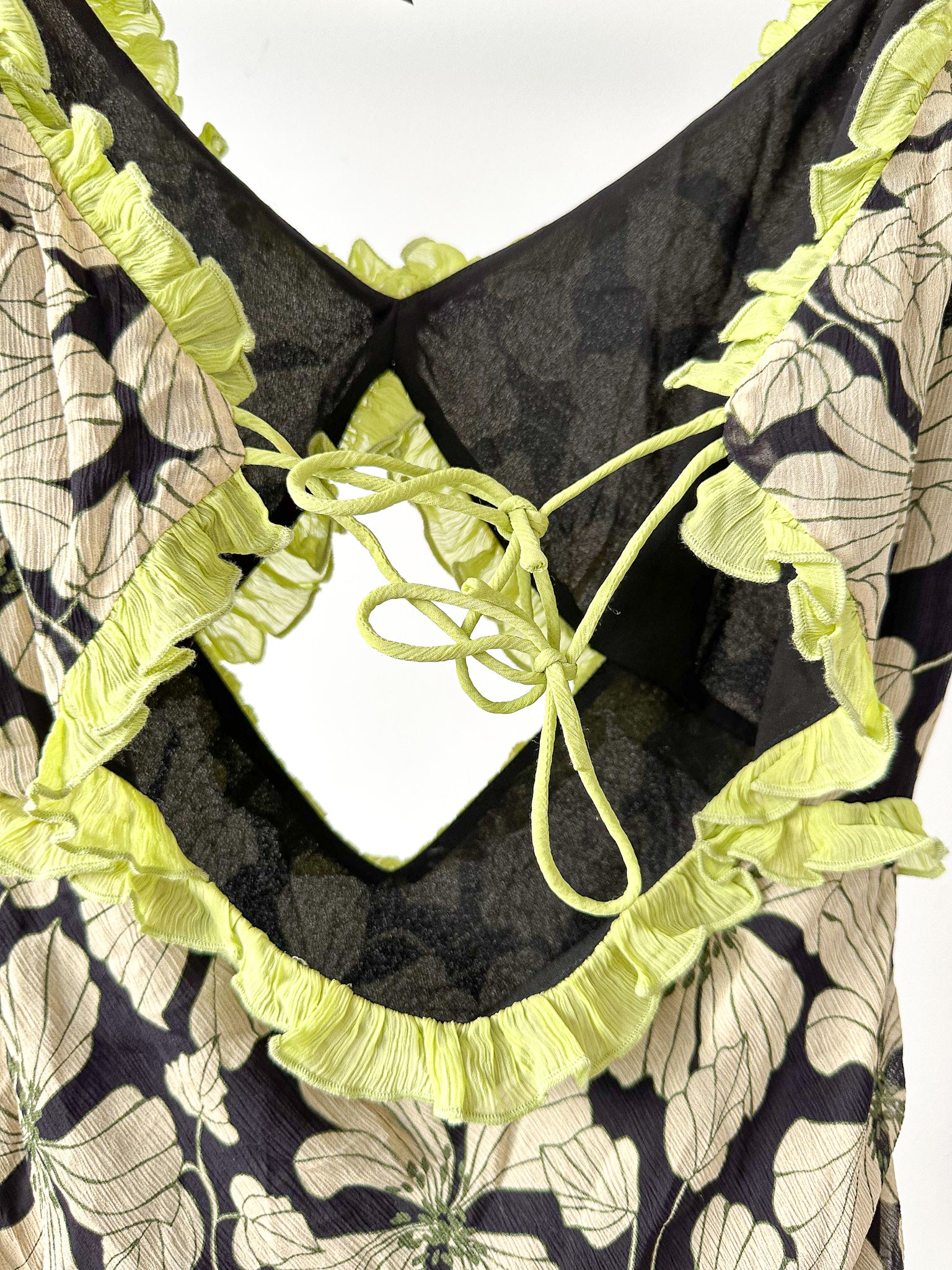 De La Vali Floral Chiffon Ruffle Cut-Out Olive Green Art Deco Mini Dress