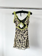 De La Vali Floral Chiffon Ruffle Cut-Out Olive Green Art Deco Mini Dress