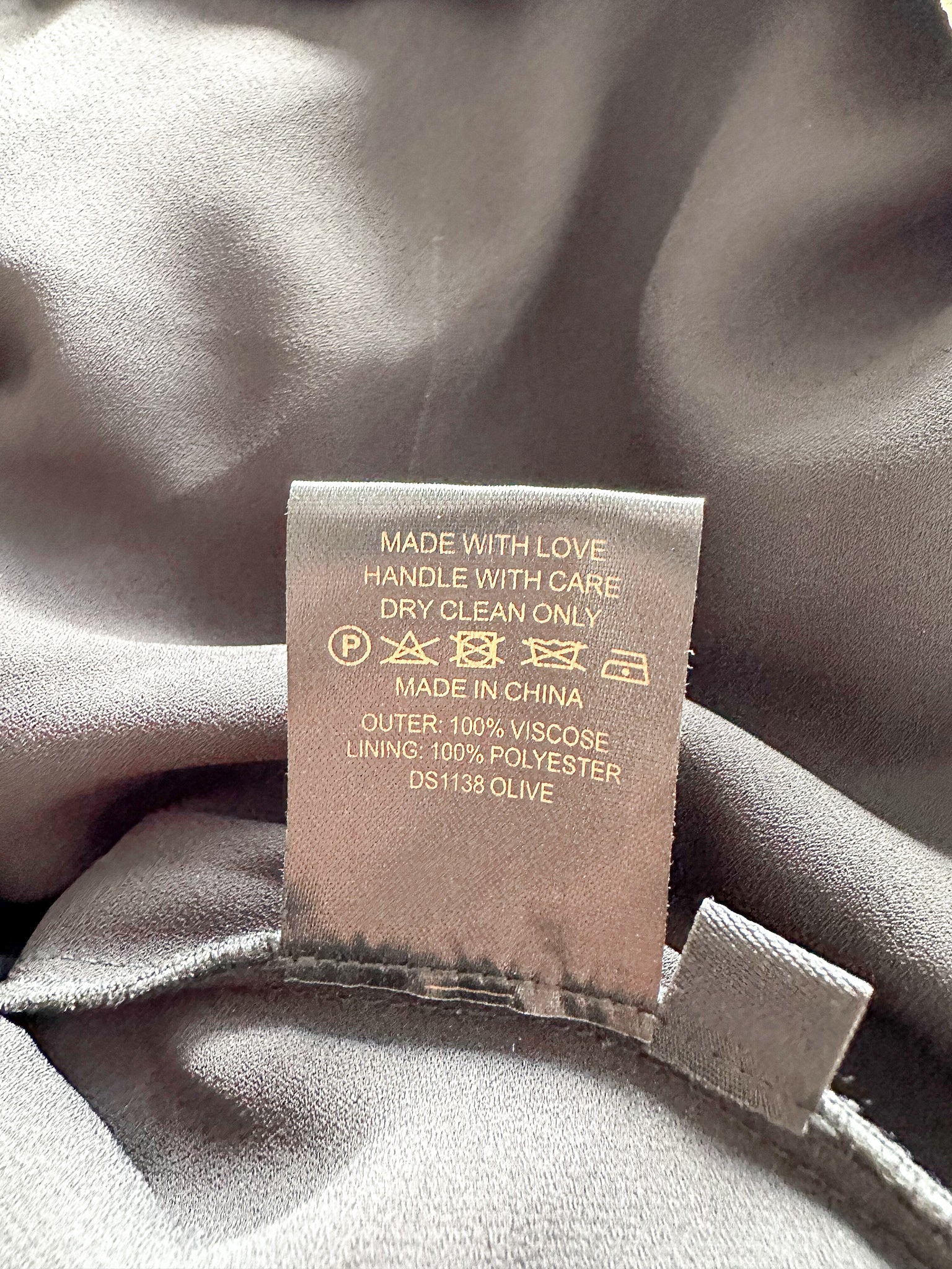 De La Vali Floral Chiffon Ruffle Cut-Out Olive Green Art Deco Mini Dress