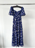 Self-Portrait Pansy Floral Blue Sweetheart Neck Pleated Chiffon Maxi Dress