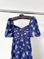 Self-Portrait Pansy Floral Blue Sweetheart Neck Pleated Chiffon Maxi Dress