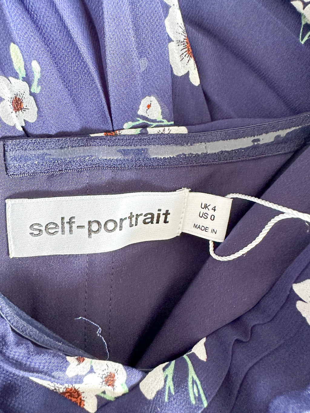 Self-Portrait Pansy Floral Blue Sweetheart Neck Pleated Chiffon Maxi Dress