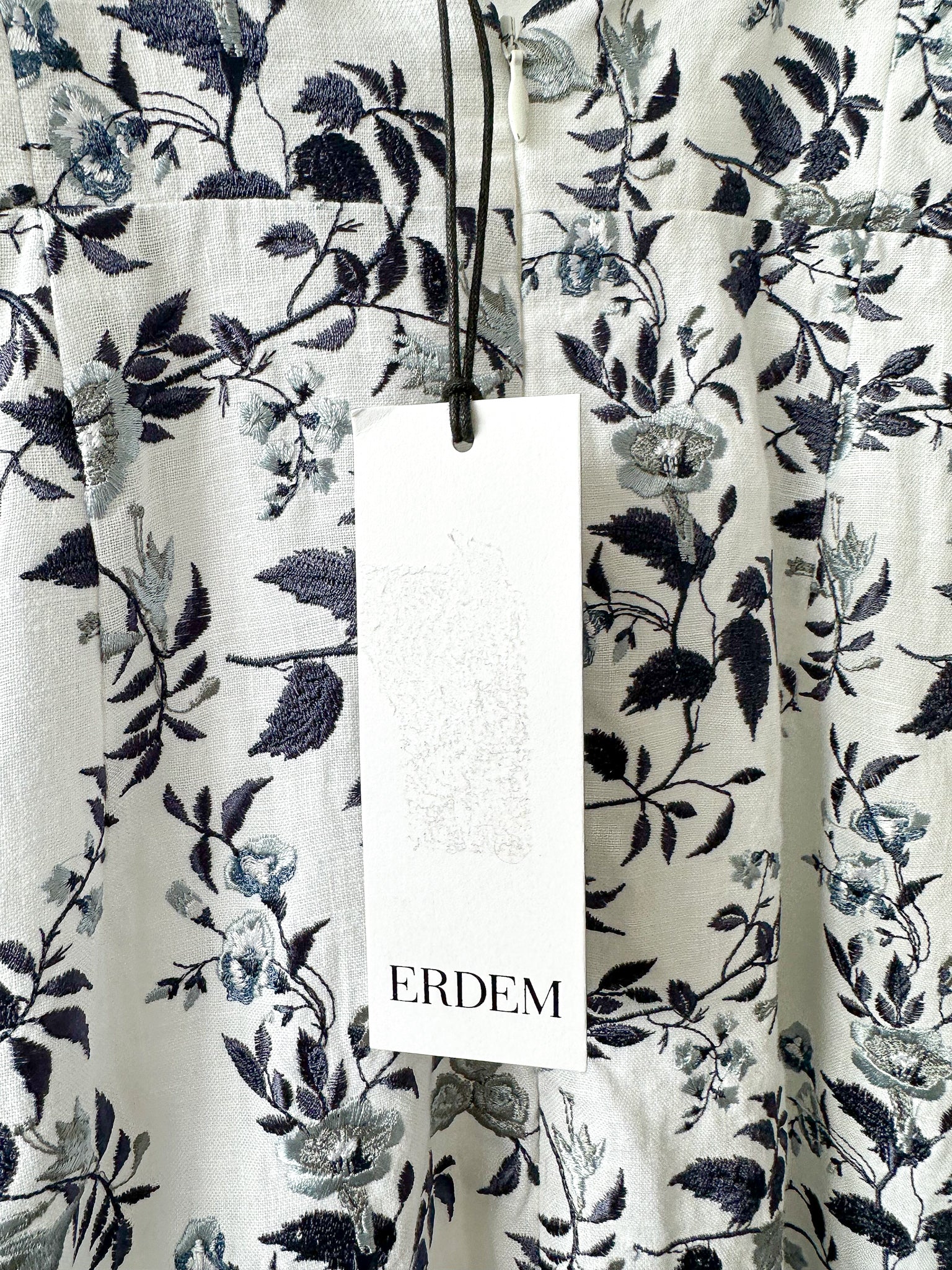 ERDEM花卉亚麻刺绣蓝色白色绑带Otto中长裙