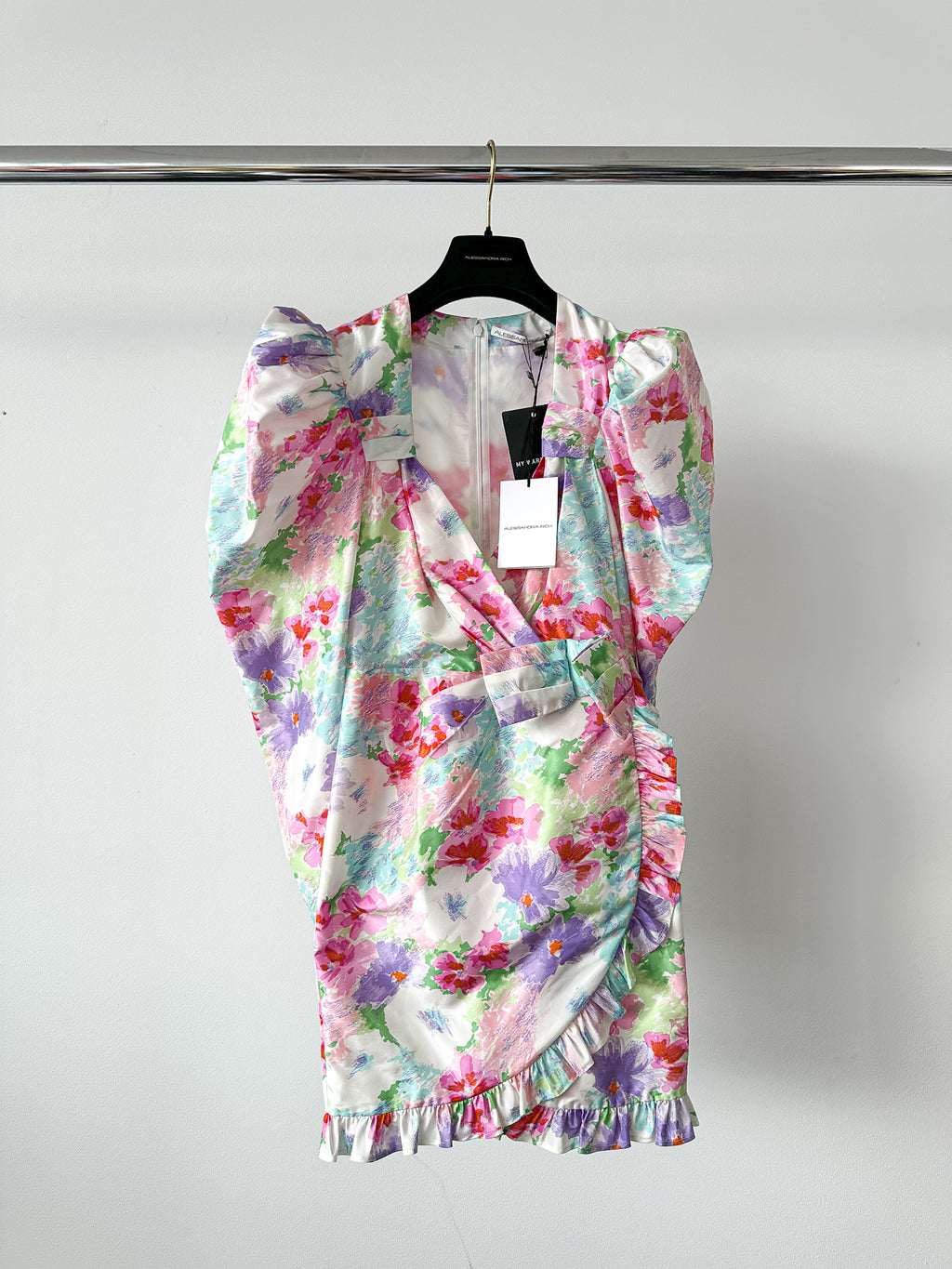 ALESSANDRA丰富花卉印花塔夫绸蝴蝶结前褶饰迷你连衣裙