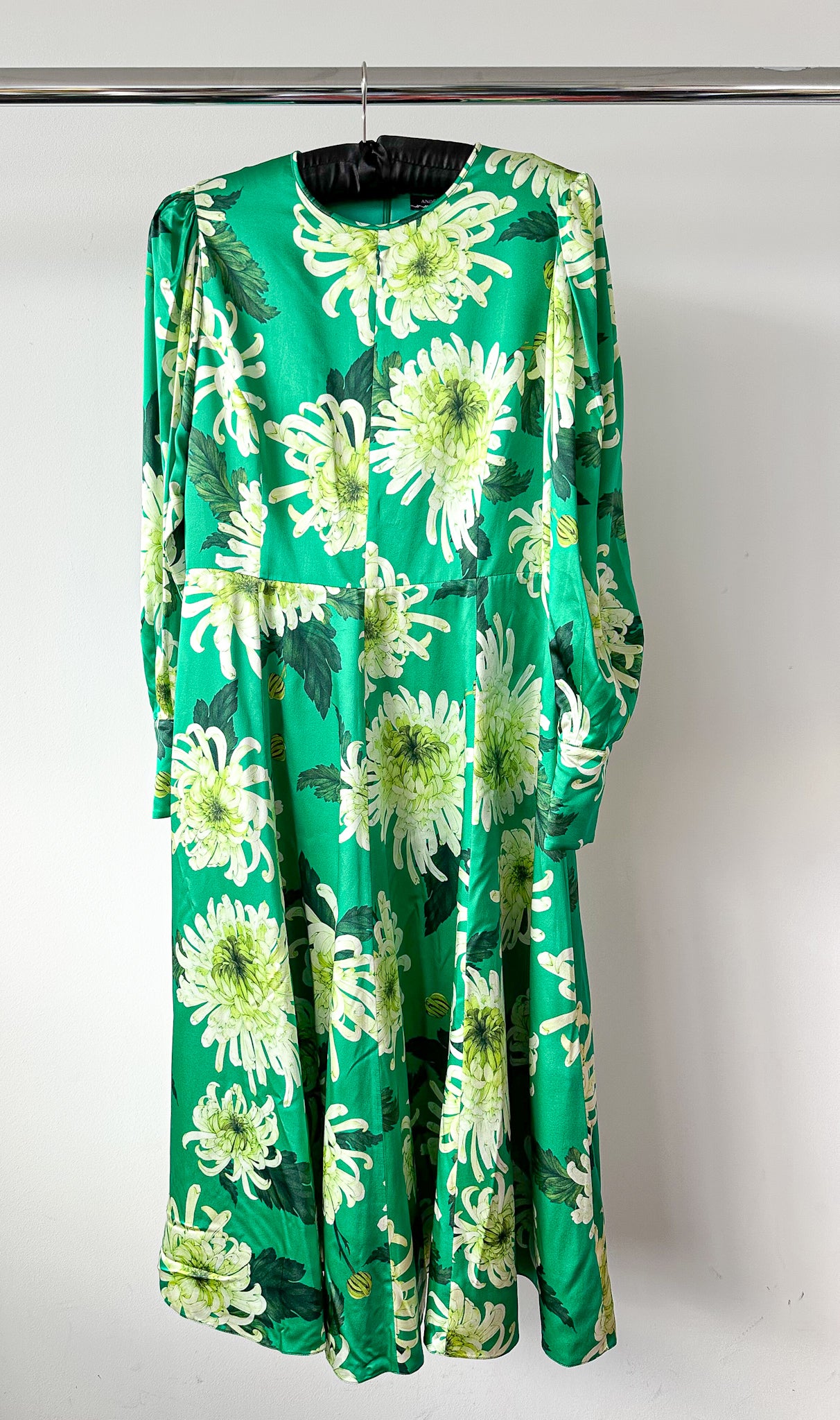 Andrew GN Green Floral Pure Silk Woven Balloon Sleeve Midi Dress