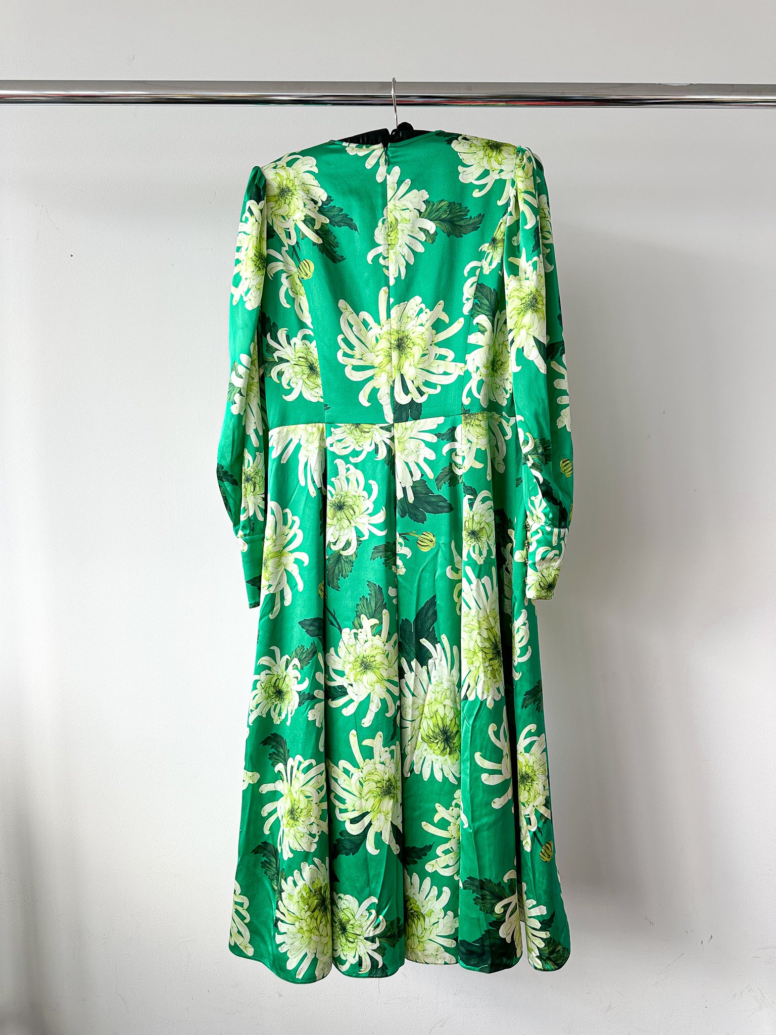 Andrew gn green floral pure silk woven balloon sleeve midi dress