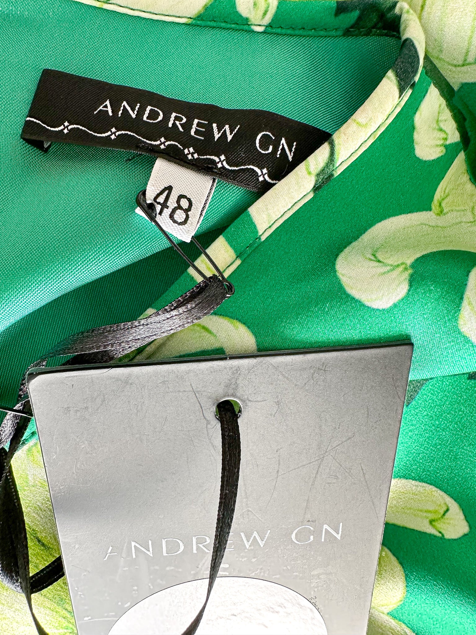 Andrew GN Green Floral Pure Silk Woven Balloon Sleeve Midi Dress