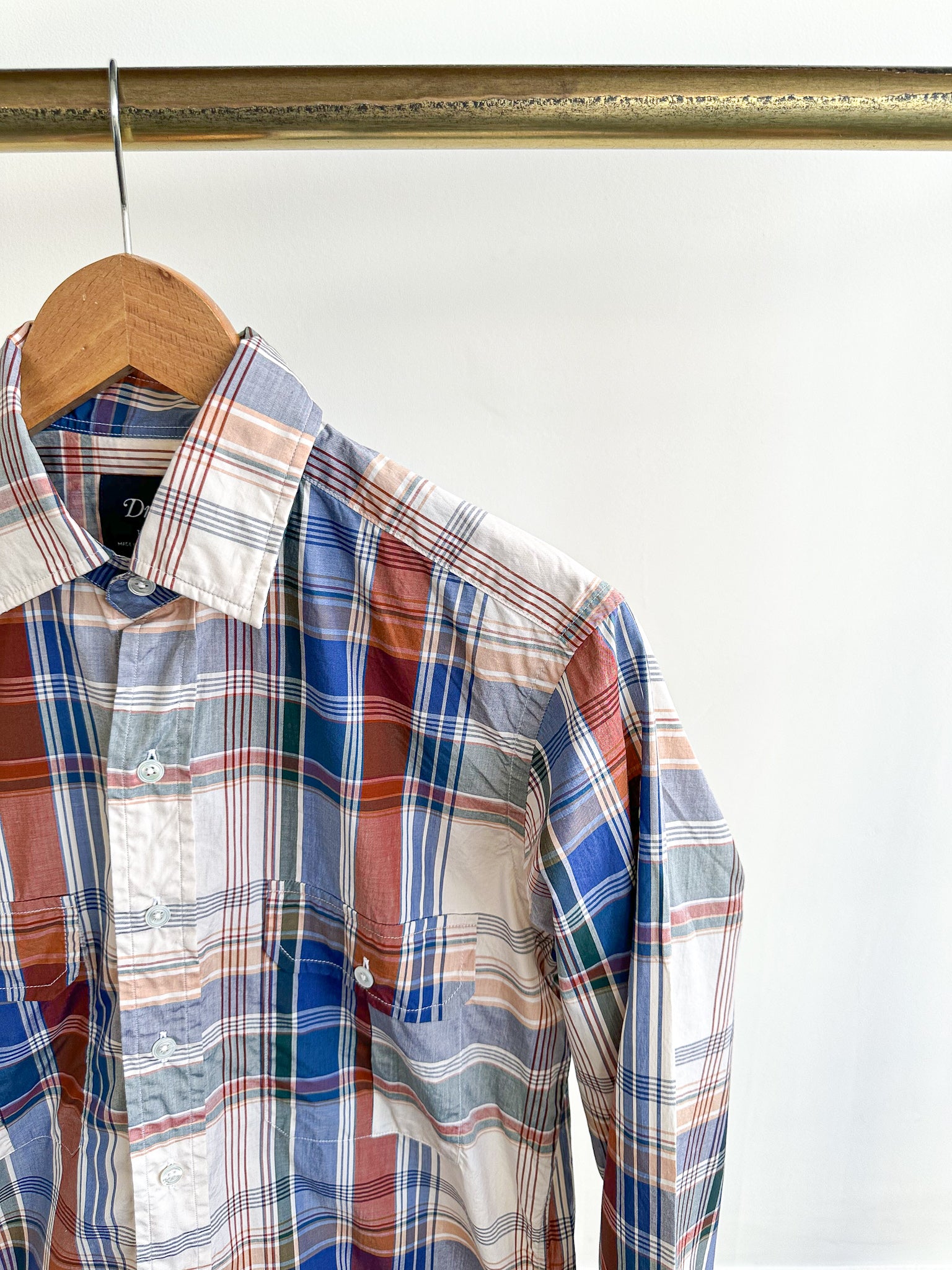 Drake's Work Shirt In Beige Blue Red Checked Cotton - House Of Huntington