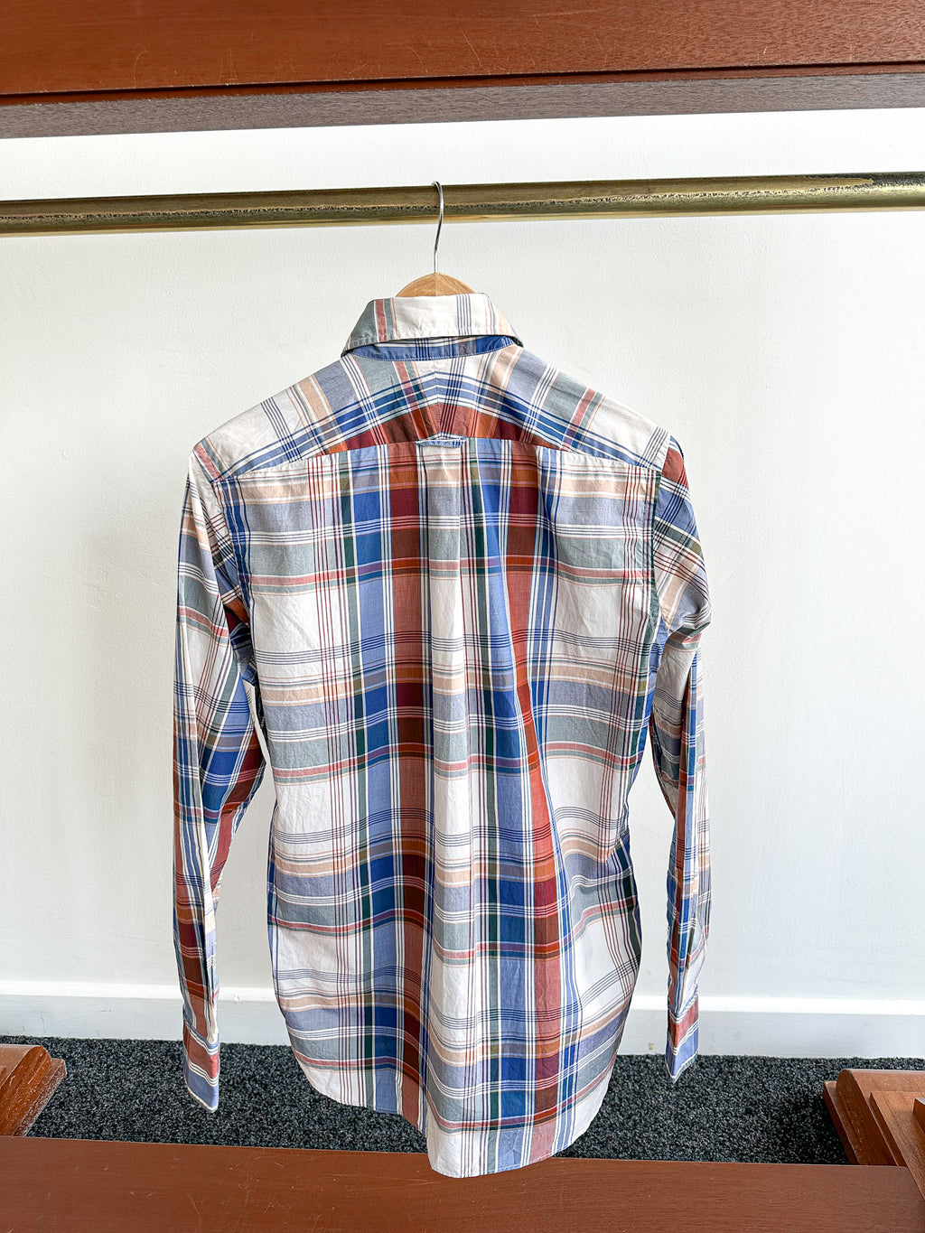 Drake's Work Shirt In Beige Blue Red Checked Cotton - House Of Huntington