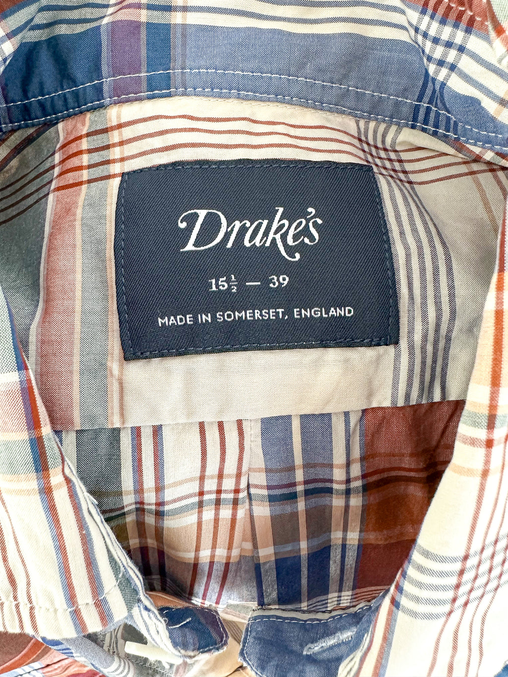 Drake's Work Shirt In Beige Blue Red Checked Cotton - House Of Huntington
