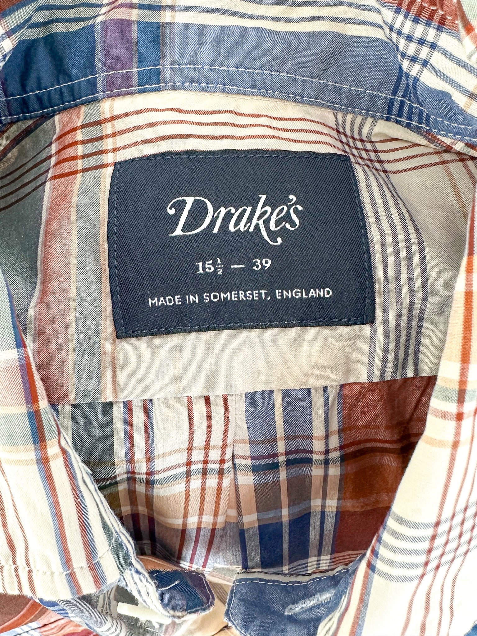 Drake's Work Shirt In Beige Blue Red Checked Cotton - House Of Huntington