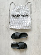 NAKED WOLFE Black Tommy Wold Embossed Waterproof Sandals Slides - House Of Huntington