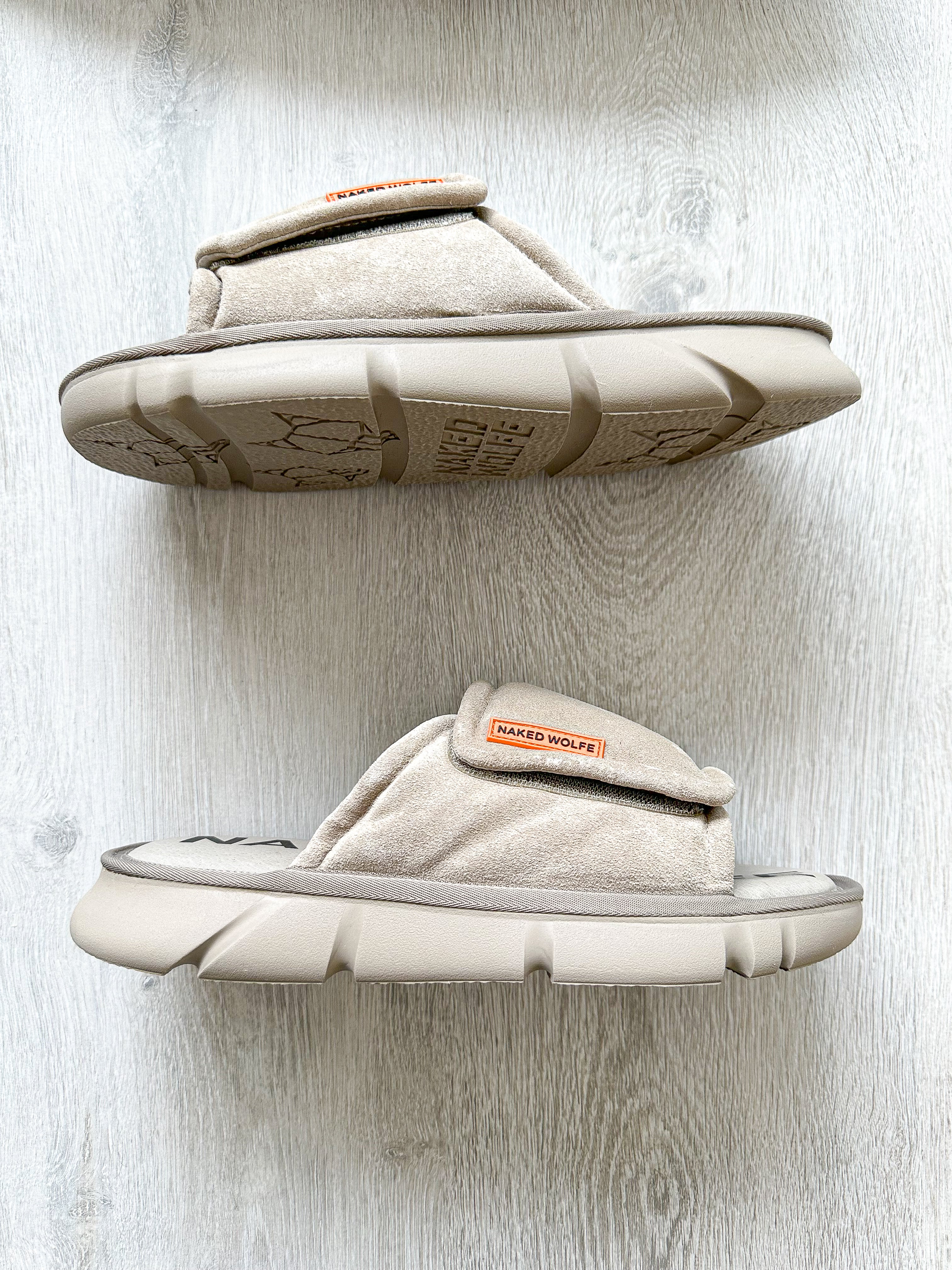 NAKED WOLFE Taupe Suede Alaska Sandals Slide - House Of Huntington