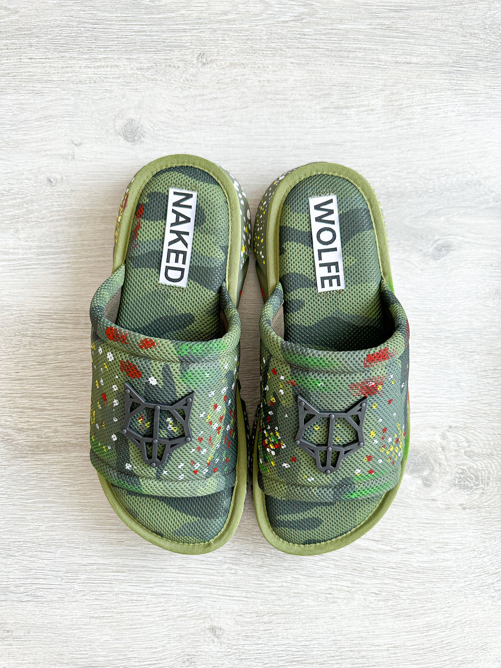 NAKED WOLFE Vegas Logo Embossed Mesh Army Camo Sandals Slide - House Of Huntington
