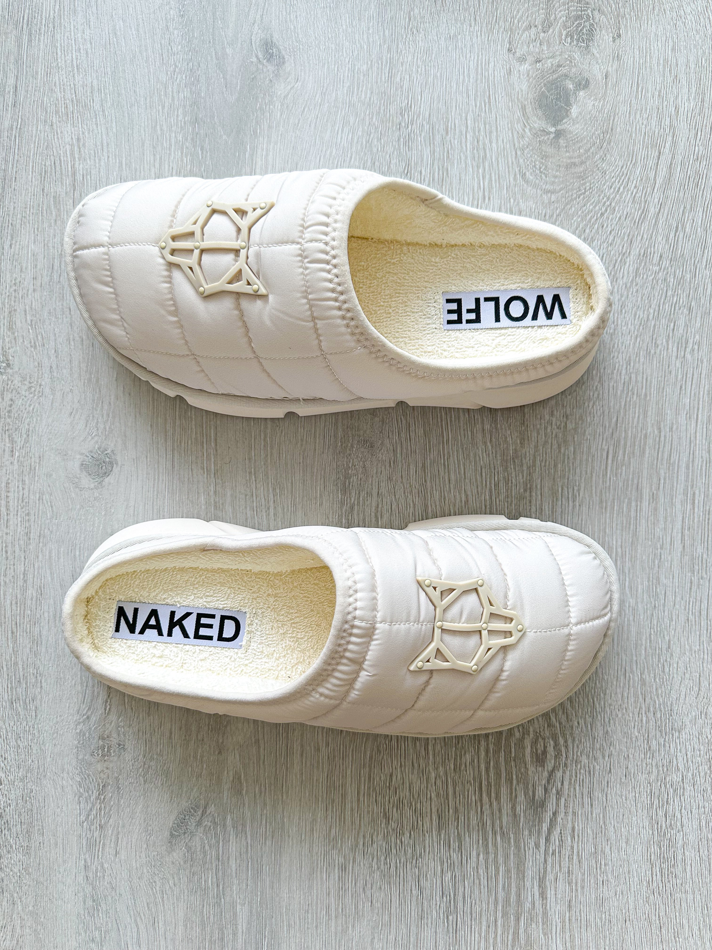 NAKED WOLFE White Nylon Padded Wolf Embossed Sandals Slides - House Of Huntington