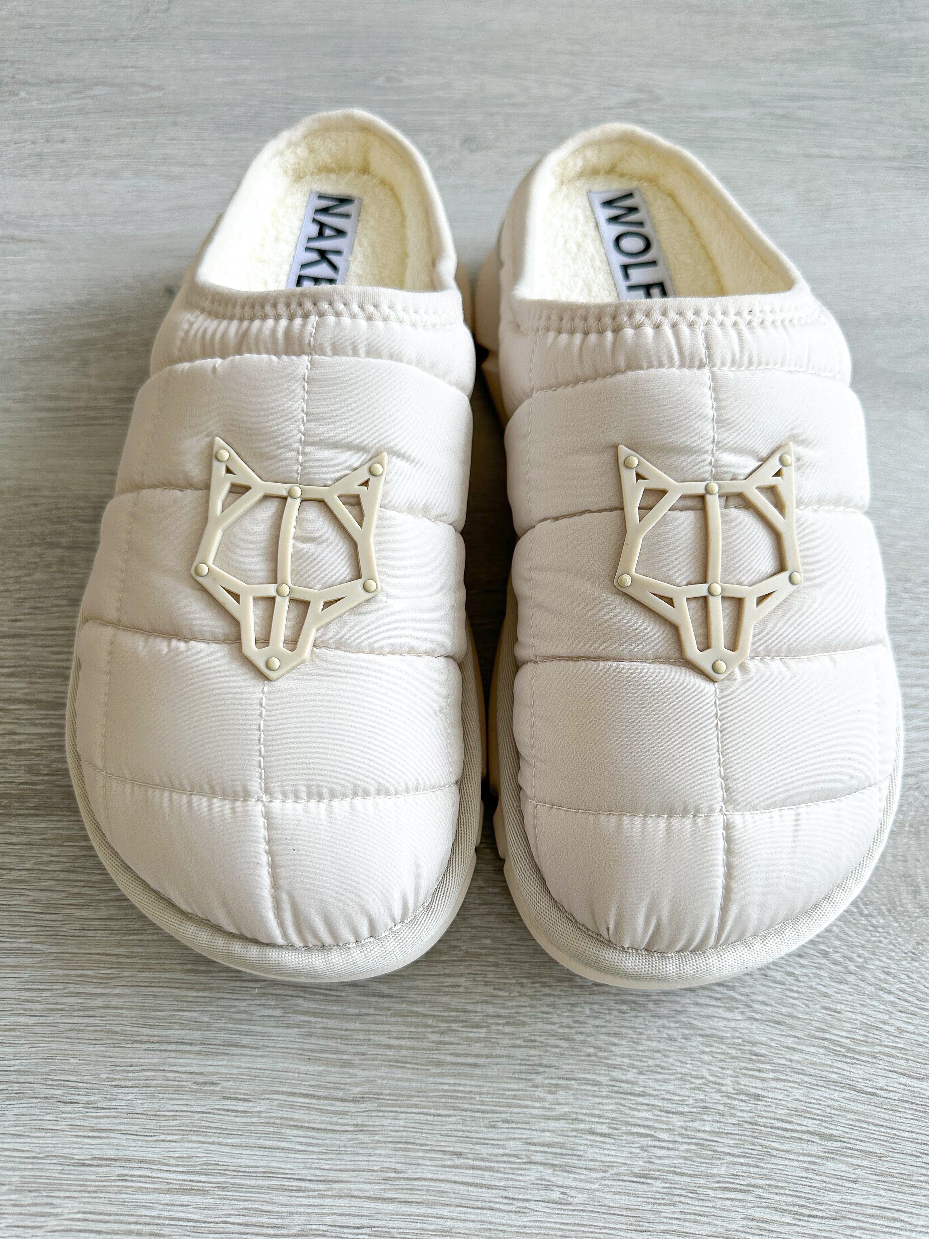 NAKED WOLFE White Nylon Padded Wolf Embossed Sandals Slides - House Of Huntington