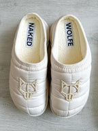 NAKED WOLFE White Nylon Padded Wolf Embossed Sandals Slides - House Of Huntington