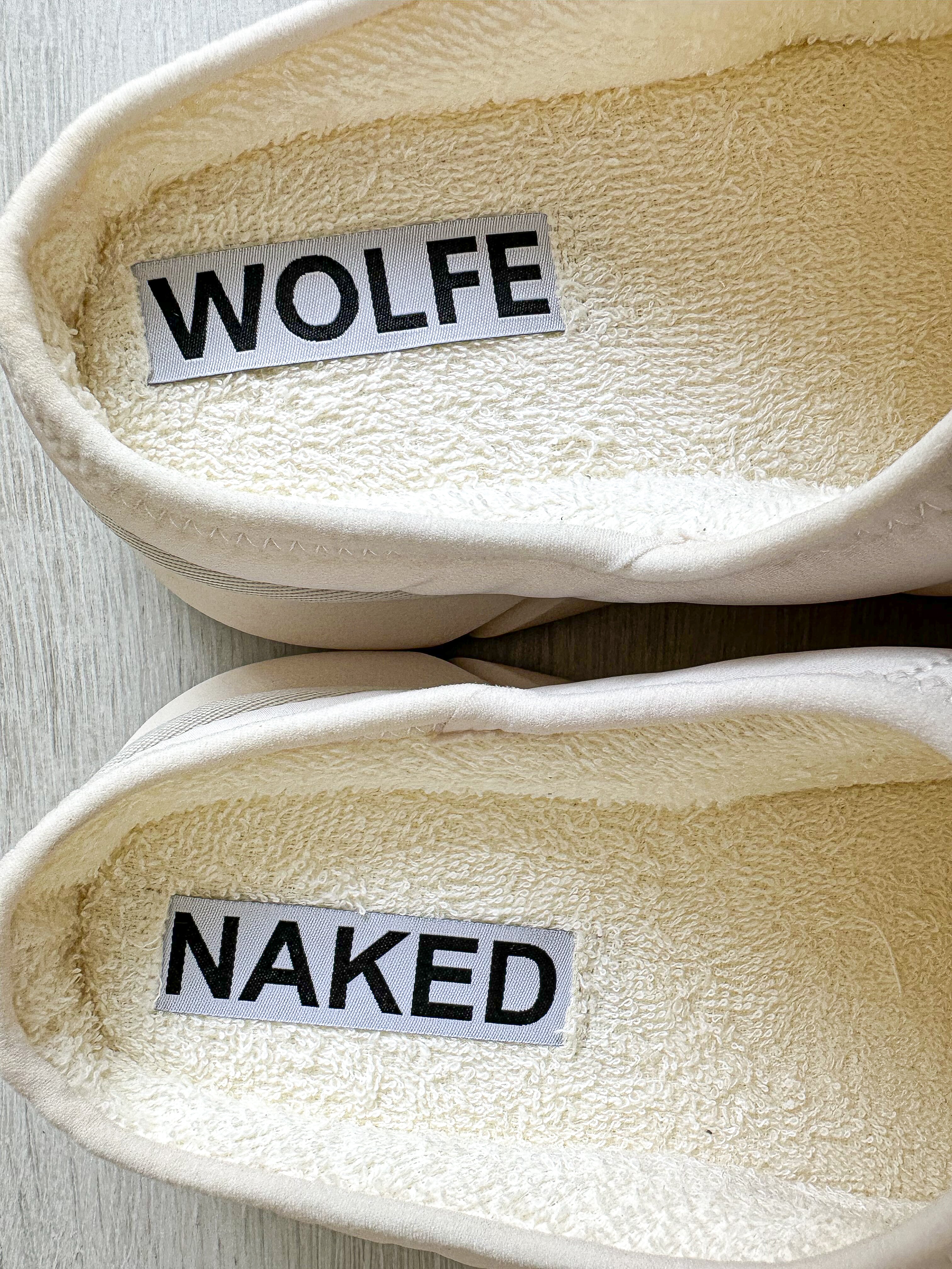 NAKED WOLFE White Nylon Padded Wolf Embossed Sandals Slides - House Of Huntington