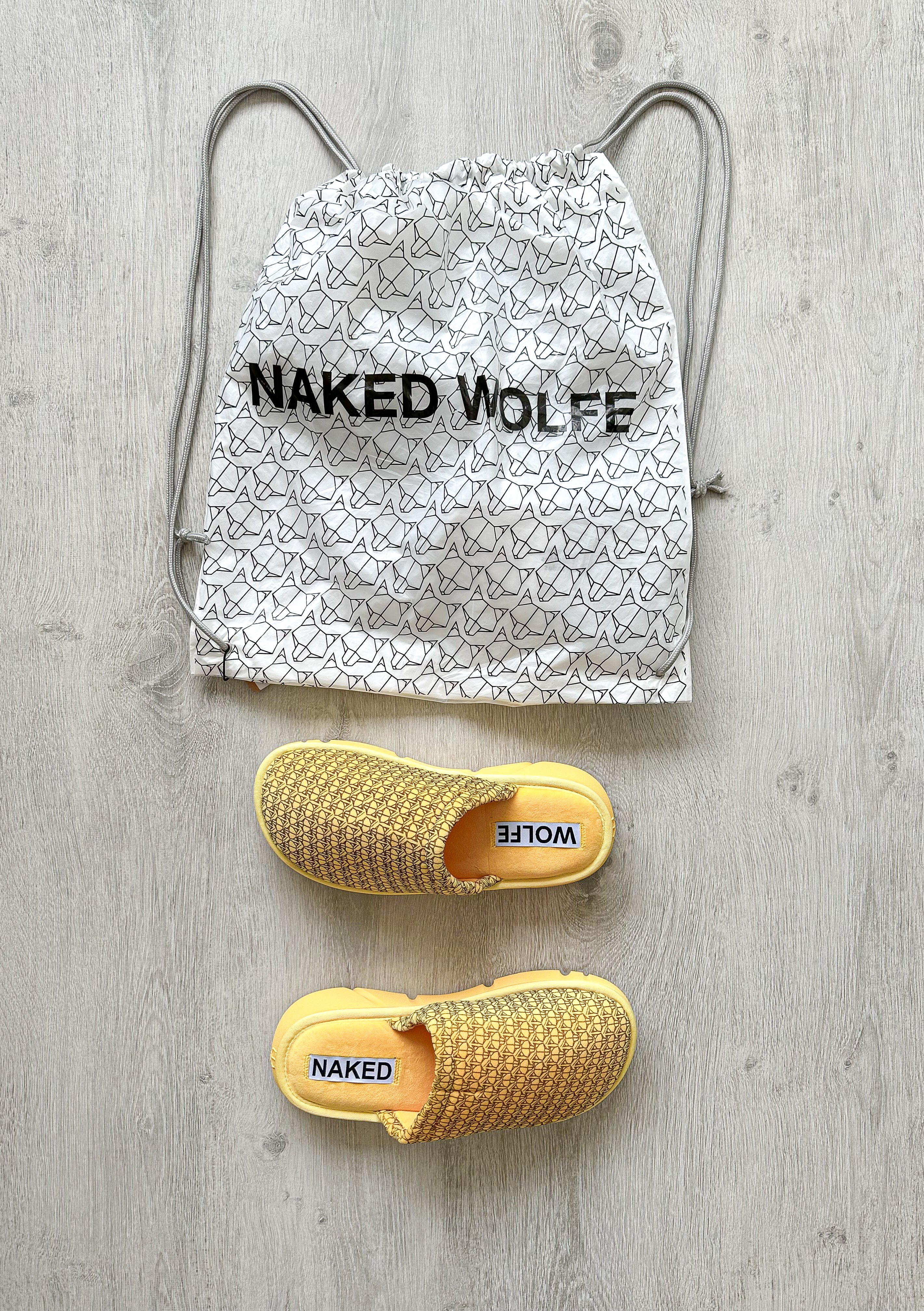 NAKED WOLFE Yellow Wolf Logo Print Velvet Sandals Slides - House Of Huntington