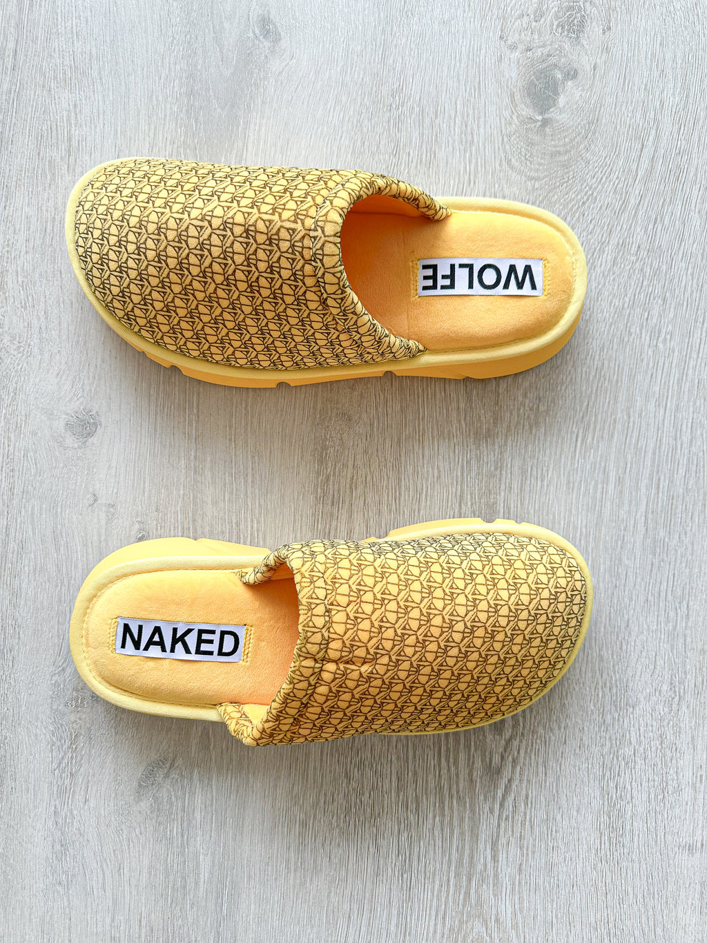 NAKED WOLFE Yellow Wolf Logo Print Velvet Sandals Slides - House Of Huntington