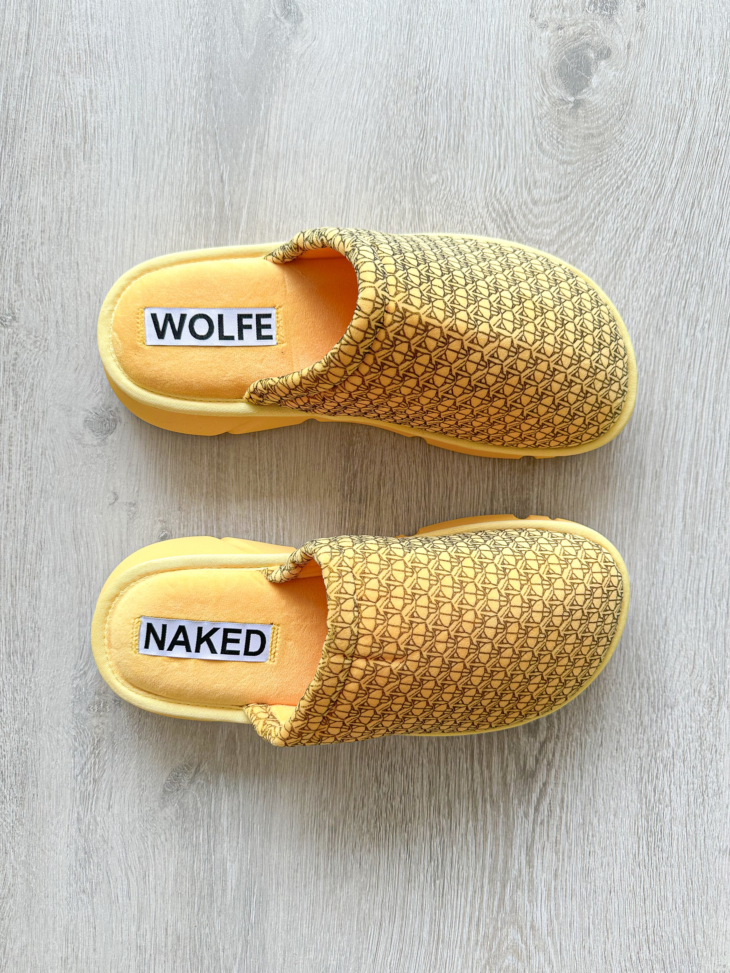 NAKED WOLFE Yellow Wolf Logo Print Velvet Sandals Slides - House Of Huntington