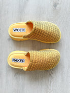 NAKED WOLFE Yellow Wolf Logo Print Velvet Sandals Slides - House Of Huntington