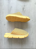 NAKED WOLFE Yellow Wolf Logo Print Velvet Sandals Slides - House Of Huntington