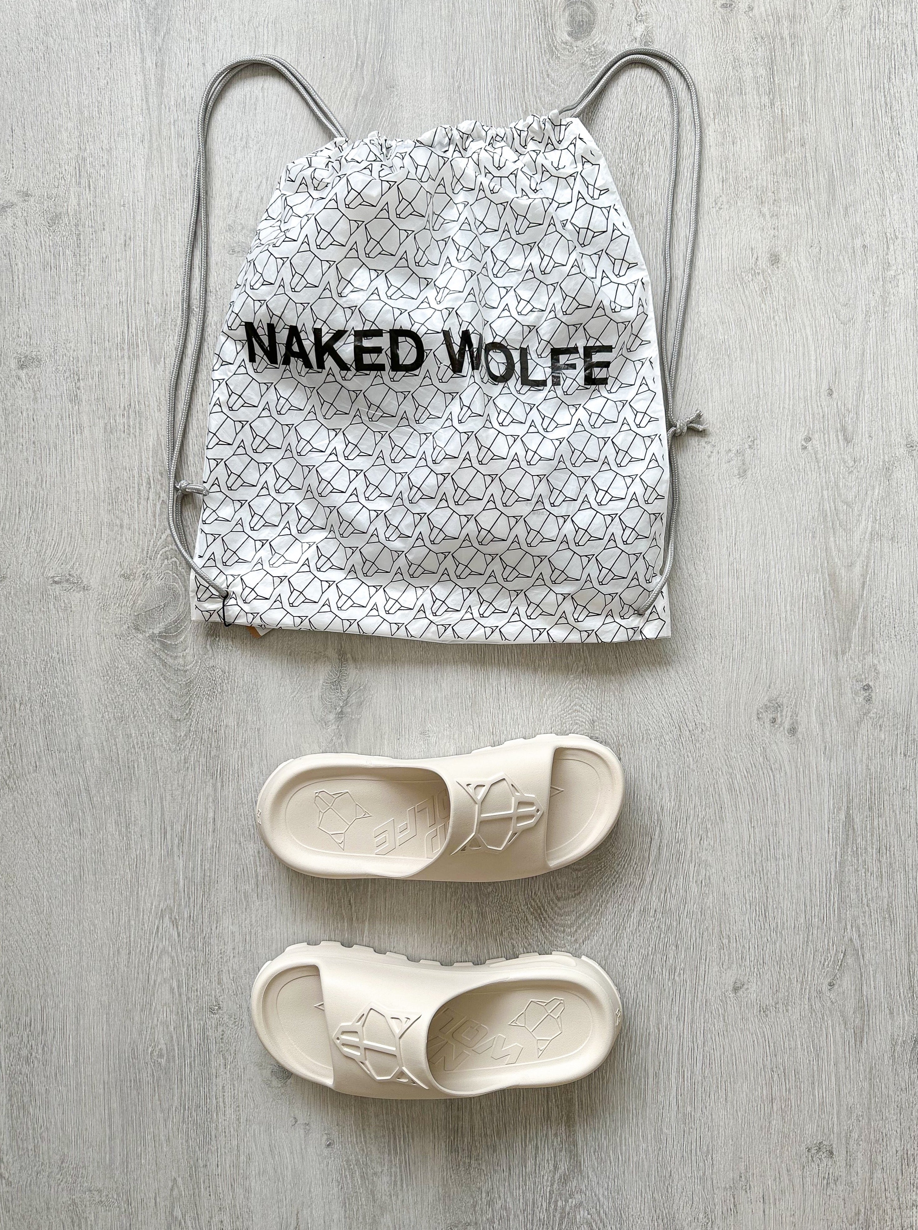 NAKED WOLFE Tommy Stone Cream Waterproof Wolf Embossed Sandals Slide - House Of Huntington