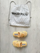 NAKED WOLFE Vegas Logo Embossed Yellow Mesh Sandals Slide - House Of Huntington