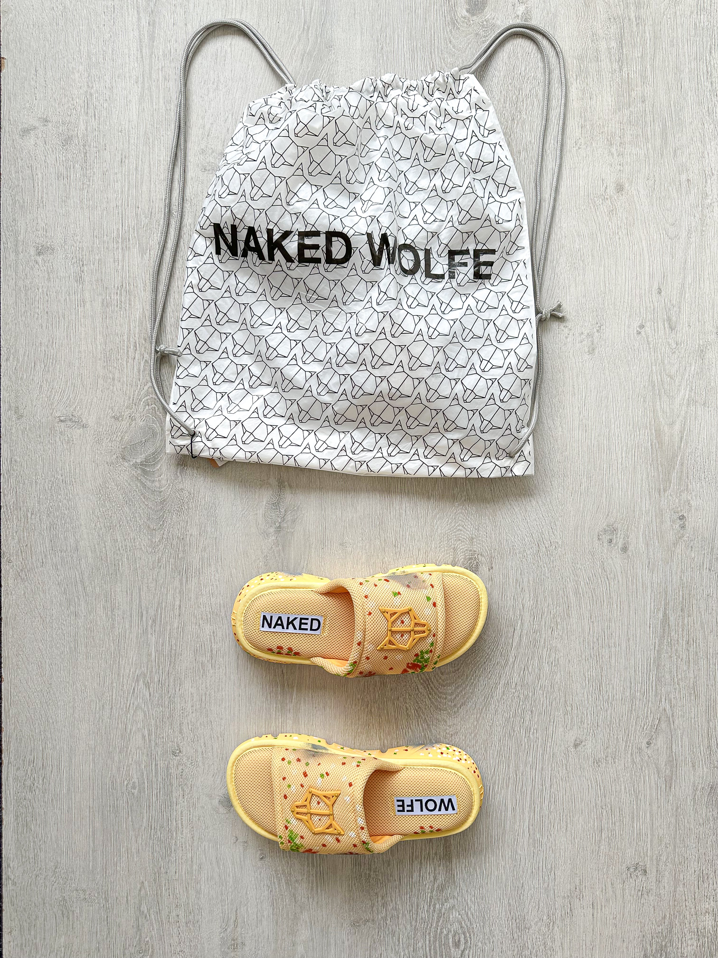 NAKED WOLFE Vegas Logo Embossed Yellow Mesh Sandals Slide - House Of Huntington